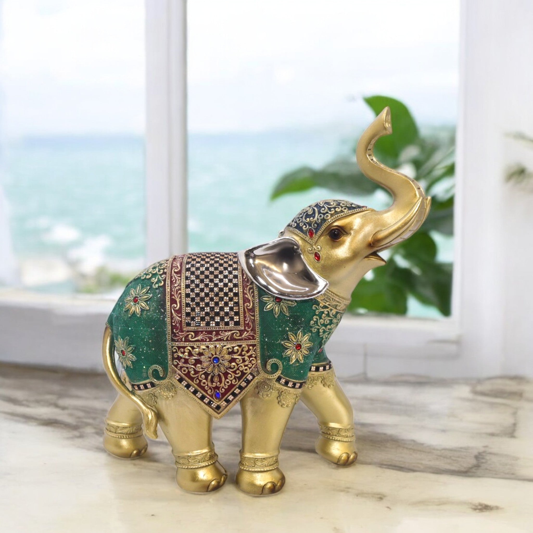 Divine Dekor Royal Elephant Statue - Large Emerald & Gold Prosperity Decor