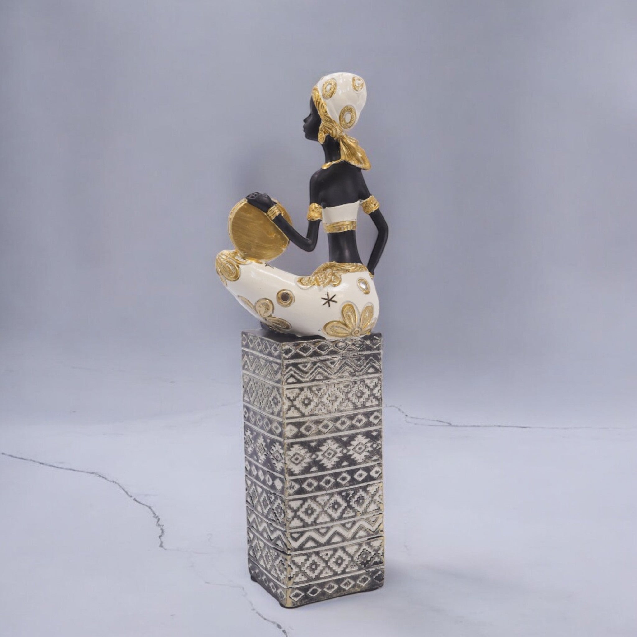 African Lady Sculpture with Water Pot | Black & Gold Art Statue | 32cm Luxury Cultural Decor - Divine Dekor