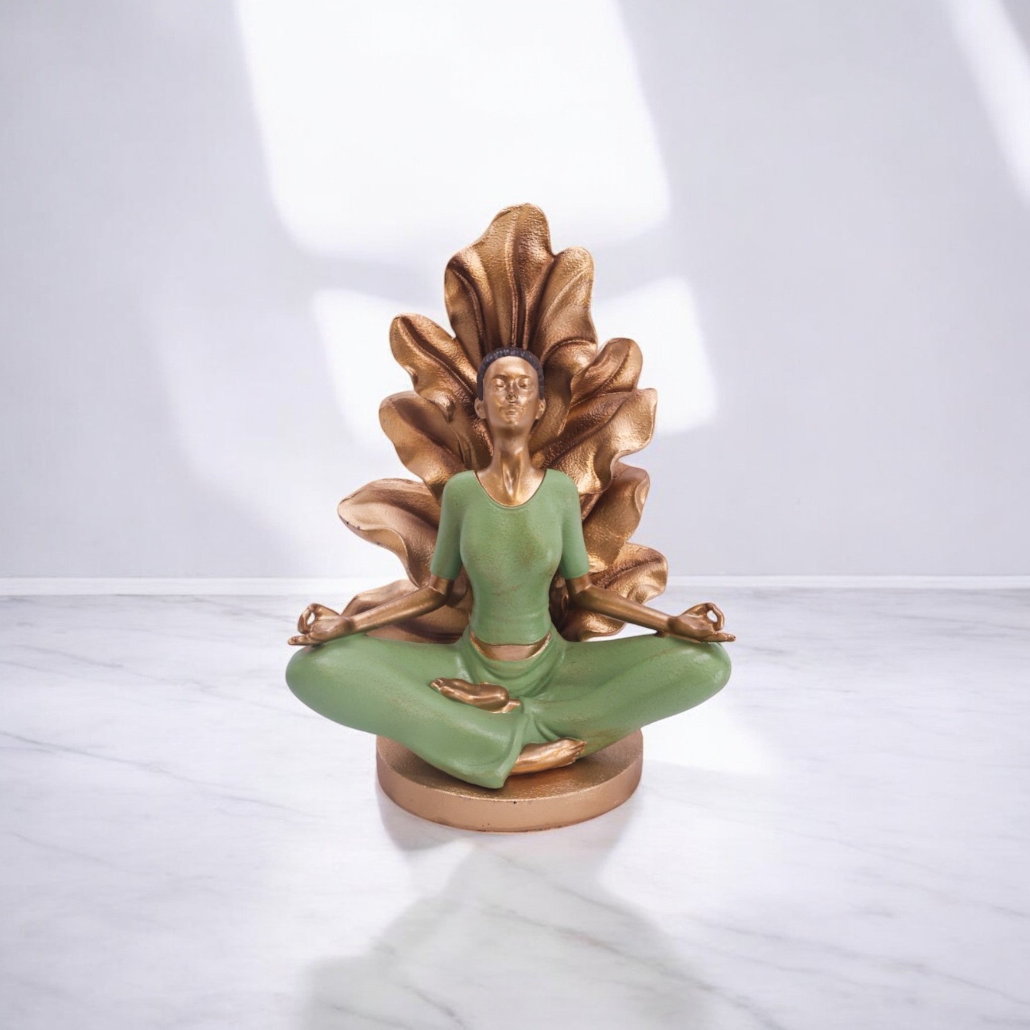 Divine Dekor Lotus Meditation Sculpture | 25.5cm Yoga Lady Statue | Zen Home Decor | Spiritual Mindfulness Art (Green-Gold)