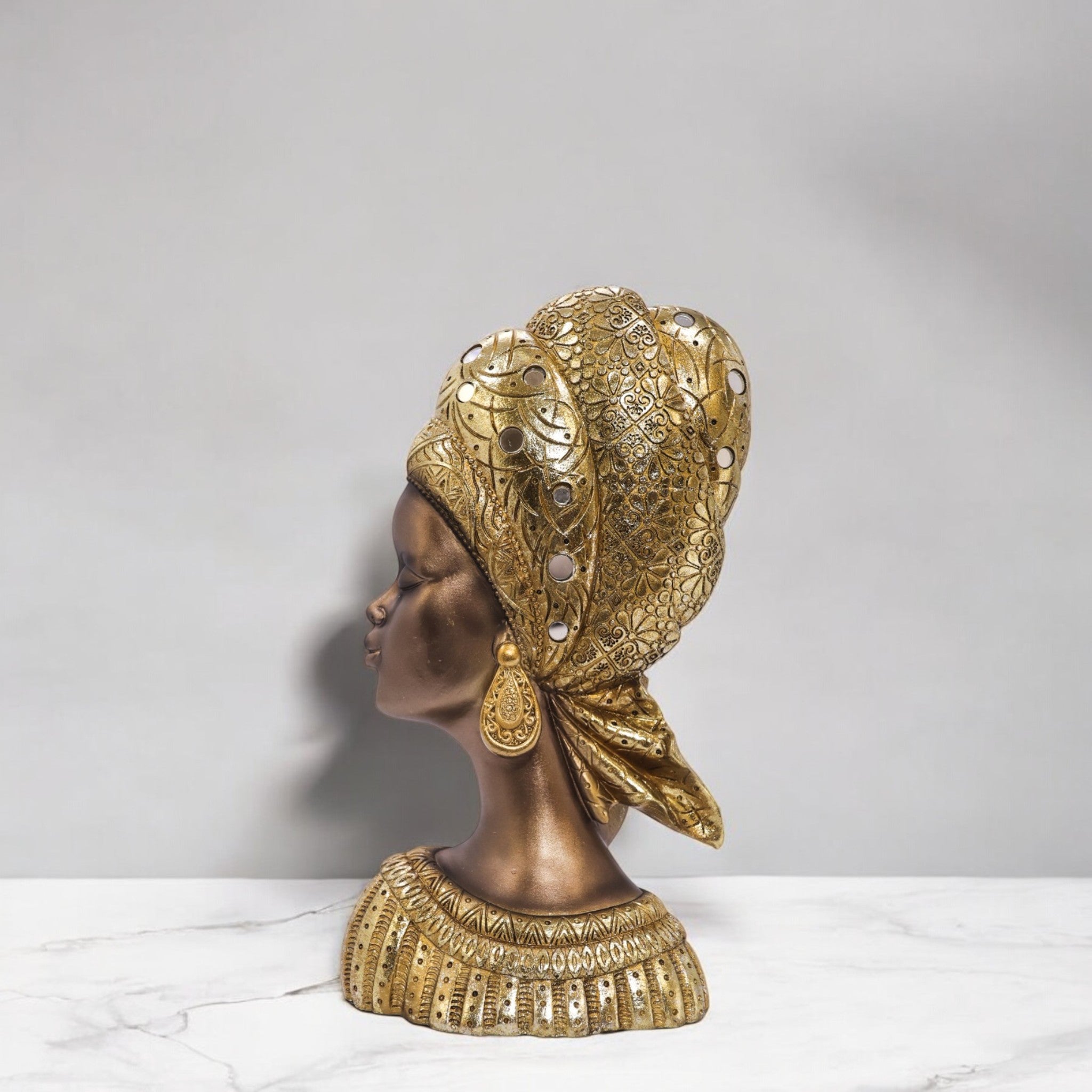 Divine Dekor’s African Queen Bust Sculpture 31cm | Golden Traditional Art | Luxury Cultural Decor