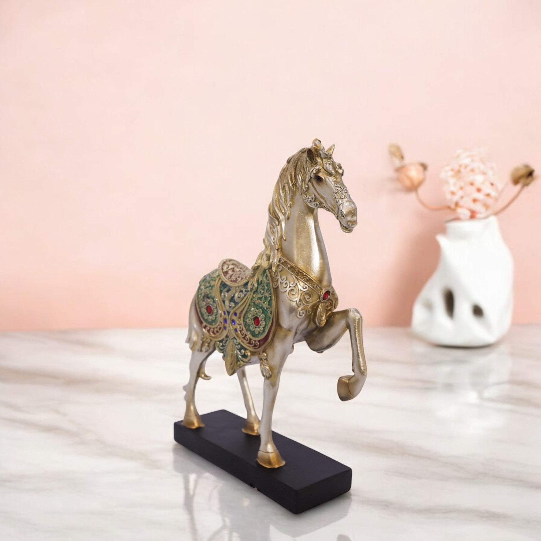 Luxury Golden Horse Statue with Emerald Crystal Accents | Elegant Home Decor Figurine | 31cm Royal Collection - Divine Dekor