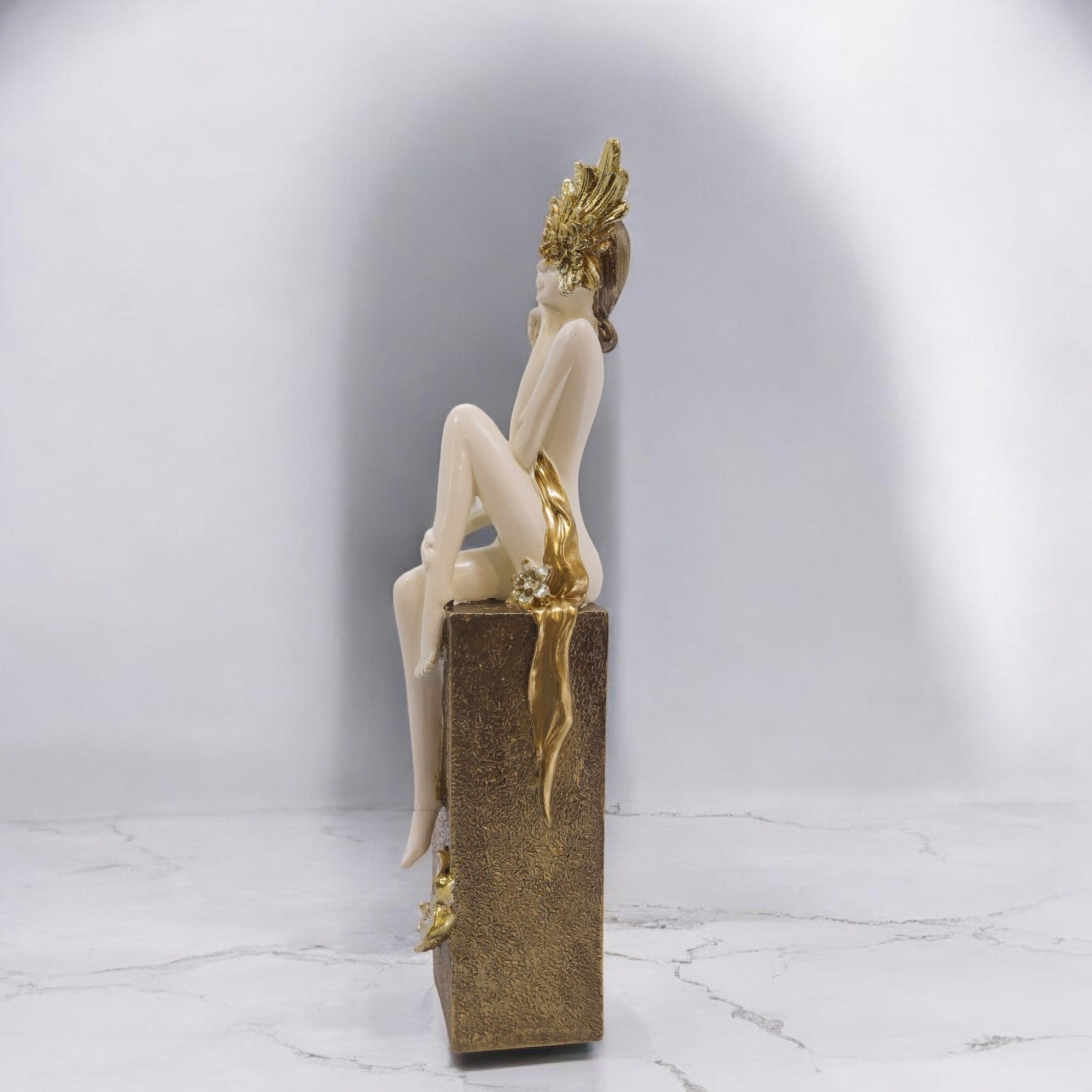 Elegant Lady Figurine Sculpture | White & Gold Art Statue | 39cm Modern Home Decor - Divine Dekor