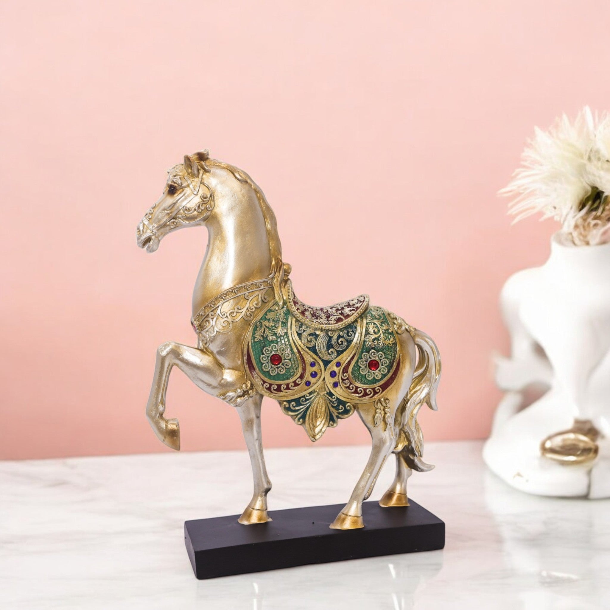 Luxury Golden Horse Statue with Emerald Crystal Accents | Elegant Home Decor Figurine | 31cm Royal Collection - Divine Dekor