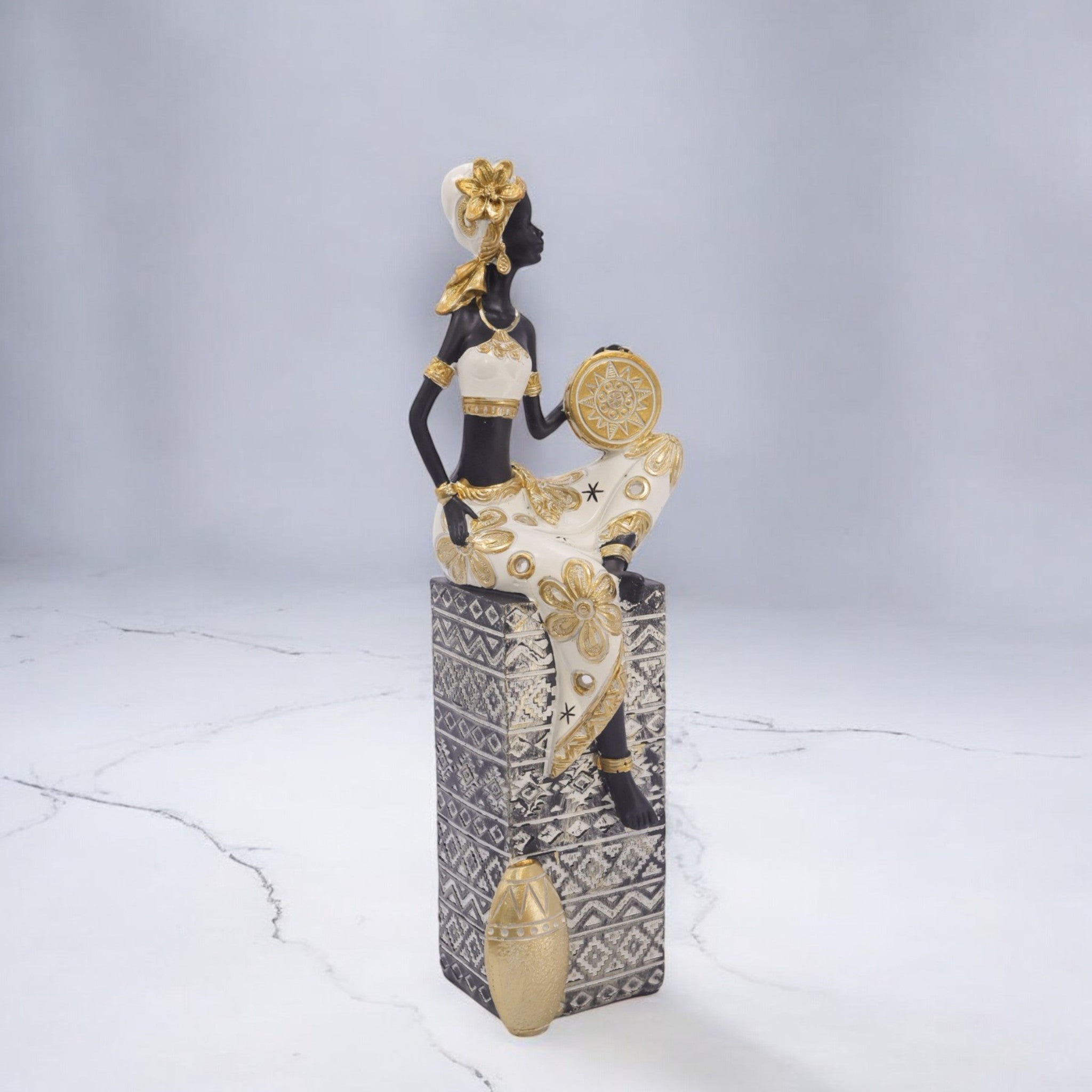 African Lady Sculpture with Water Pot | Black & Gold Art Statue | 32cm Luxury Cultural Decor - Divine Dekor