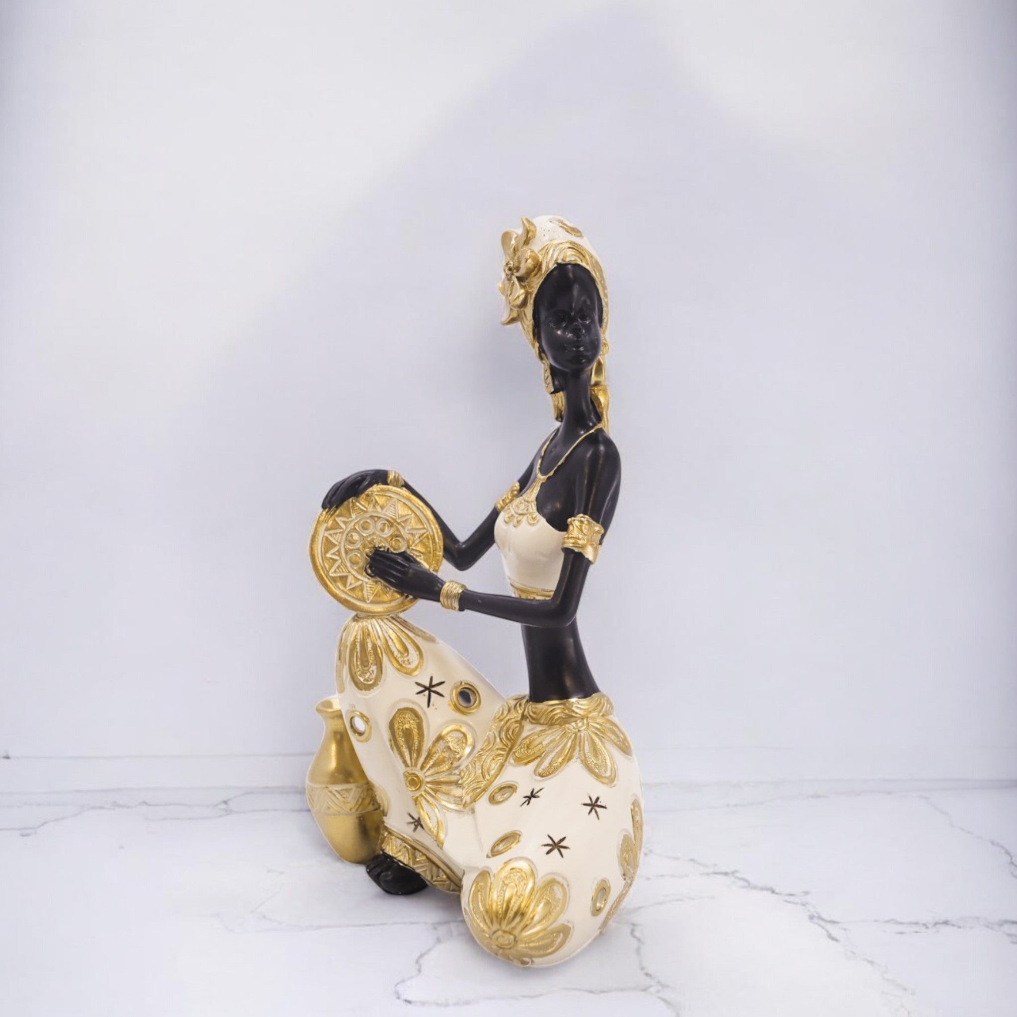 African Lady Figurine 22.5cm | Black & Gold Traditional Sculpture | Cultural Home Decor | Divine Dekor