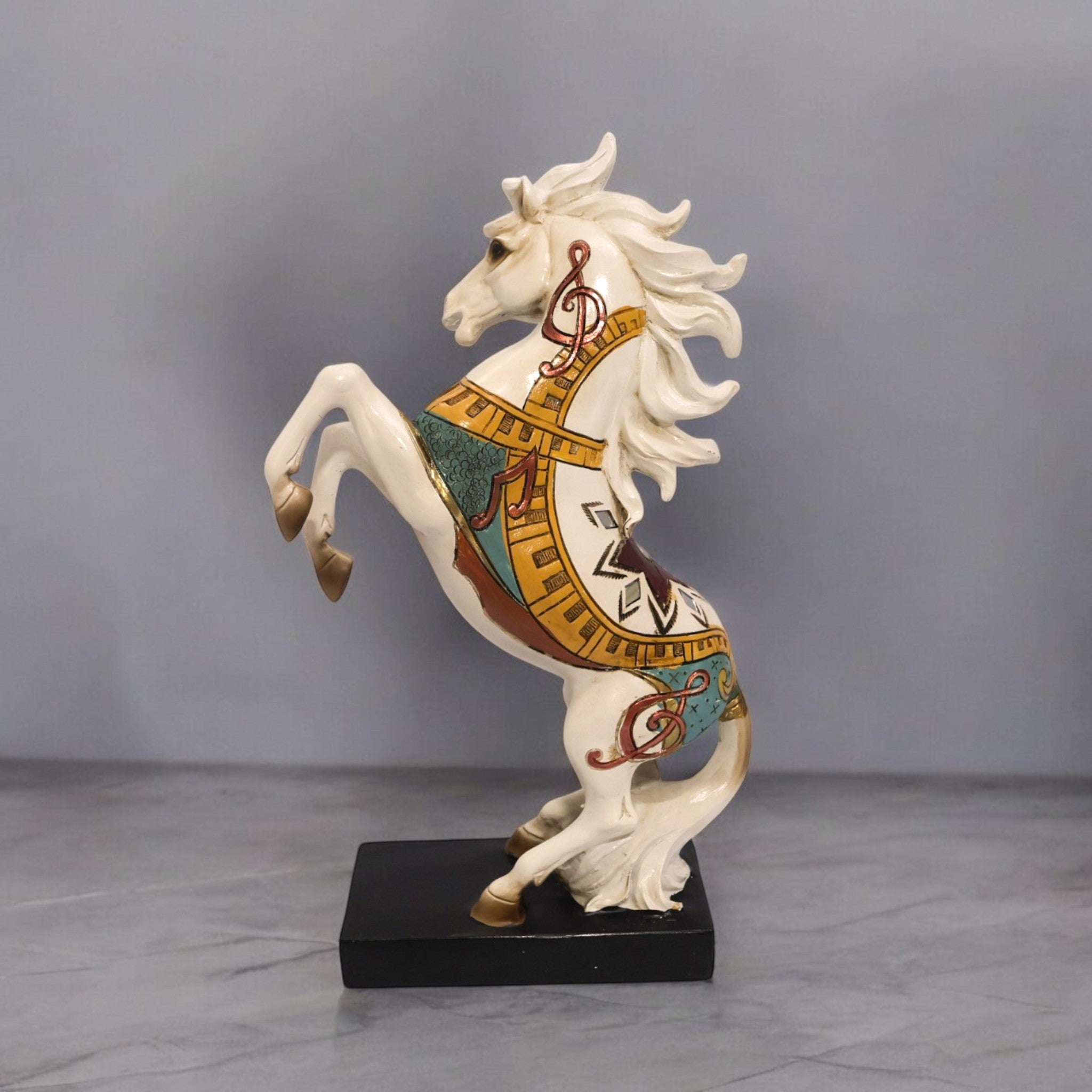 Folk Art Rearing Horse Sculpture | White & Gold Spirit Stallion | 34cm Art Piece
