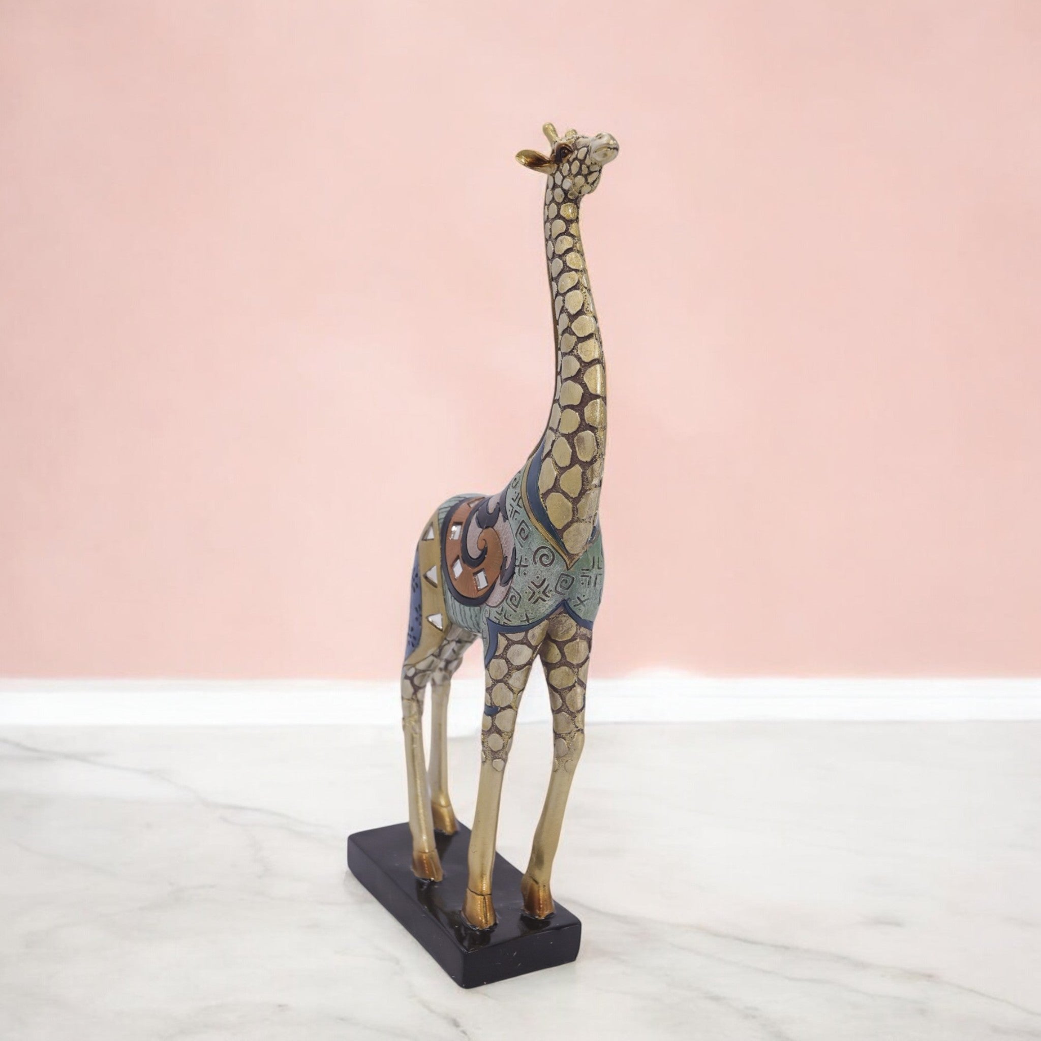 Divine Dekor Modern Mosaic Giraffe - Tall Blue & Gold Art Deco Statue