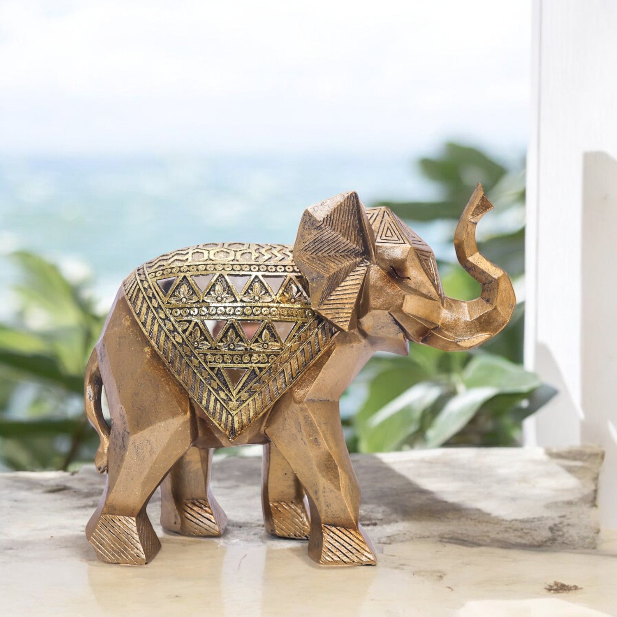 Royal Golden Elephant Sculpture | Geometric Art Decor | 26cm Prosperity Statue