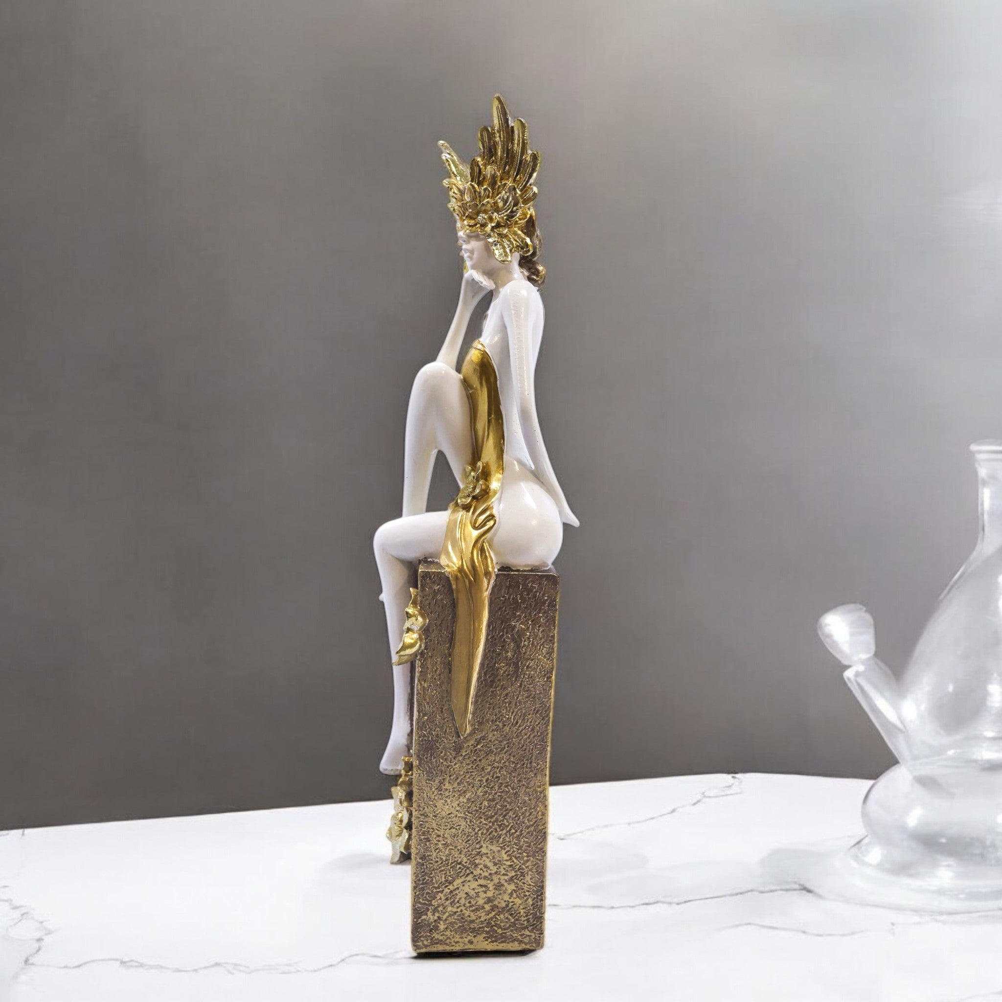 Elegant Lady Sculpture with Golden Base | Modern White Art Statue | 47cm Luxury Home Decor - Divine Dekor