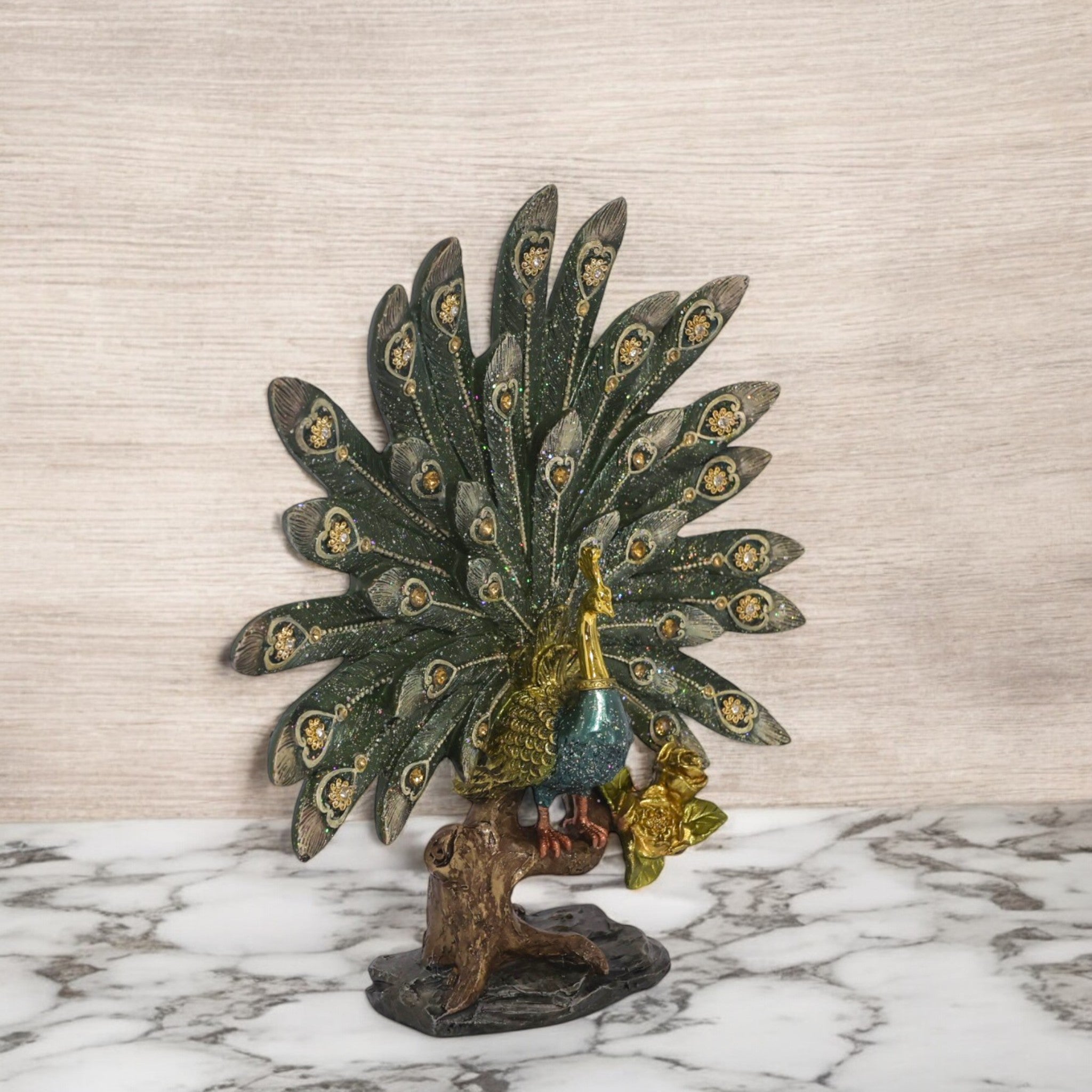 Ornate Peacock Sculpture with Crystal Fan | Traditional Art Statue | 31cm Premium Home Decor - Divine Dekor