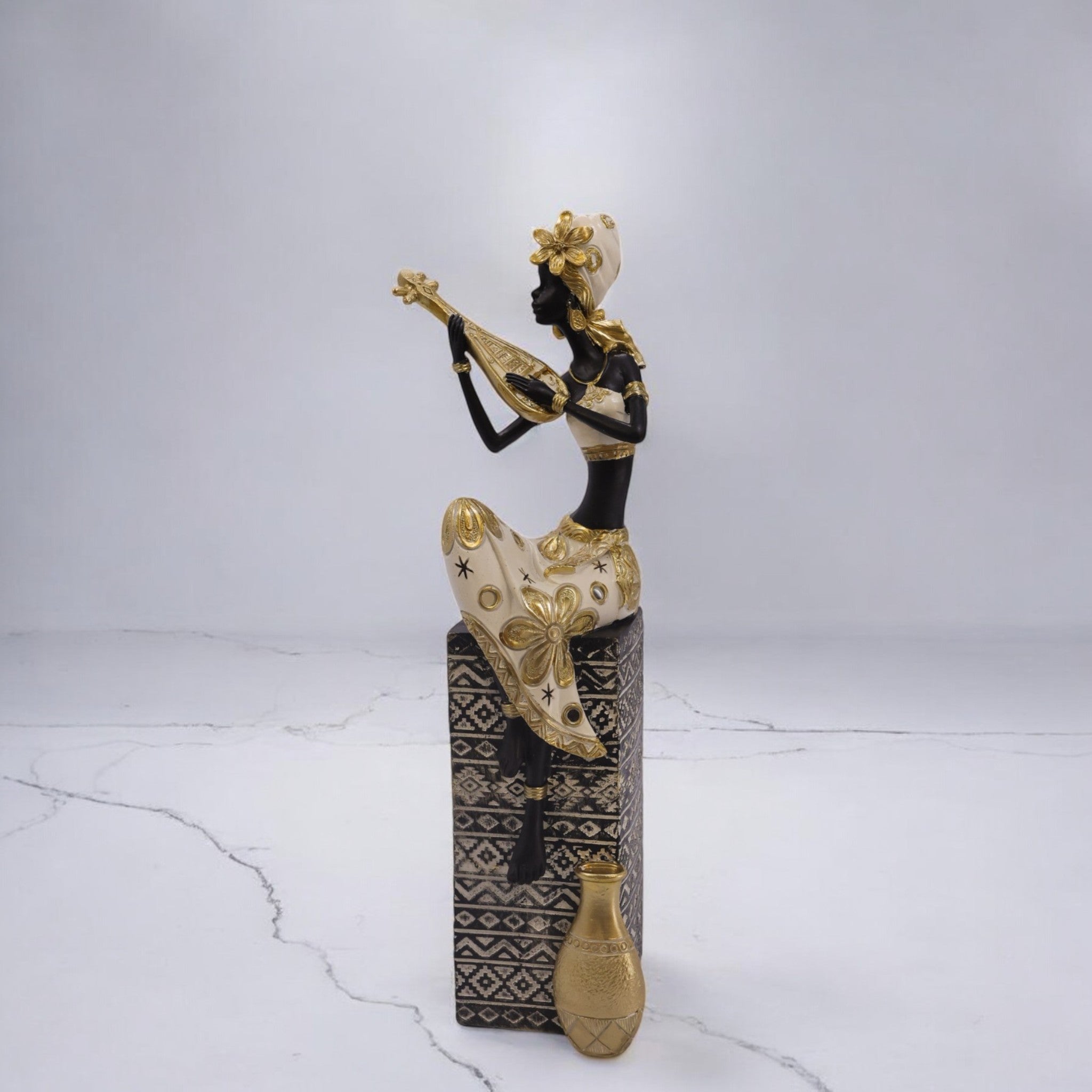 Divine Dekor’s Tall African Lady Sculpture 38cm | Black & Gold Art Statue | Luxury Cultural Decor | Divine Dekor