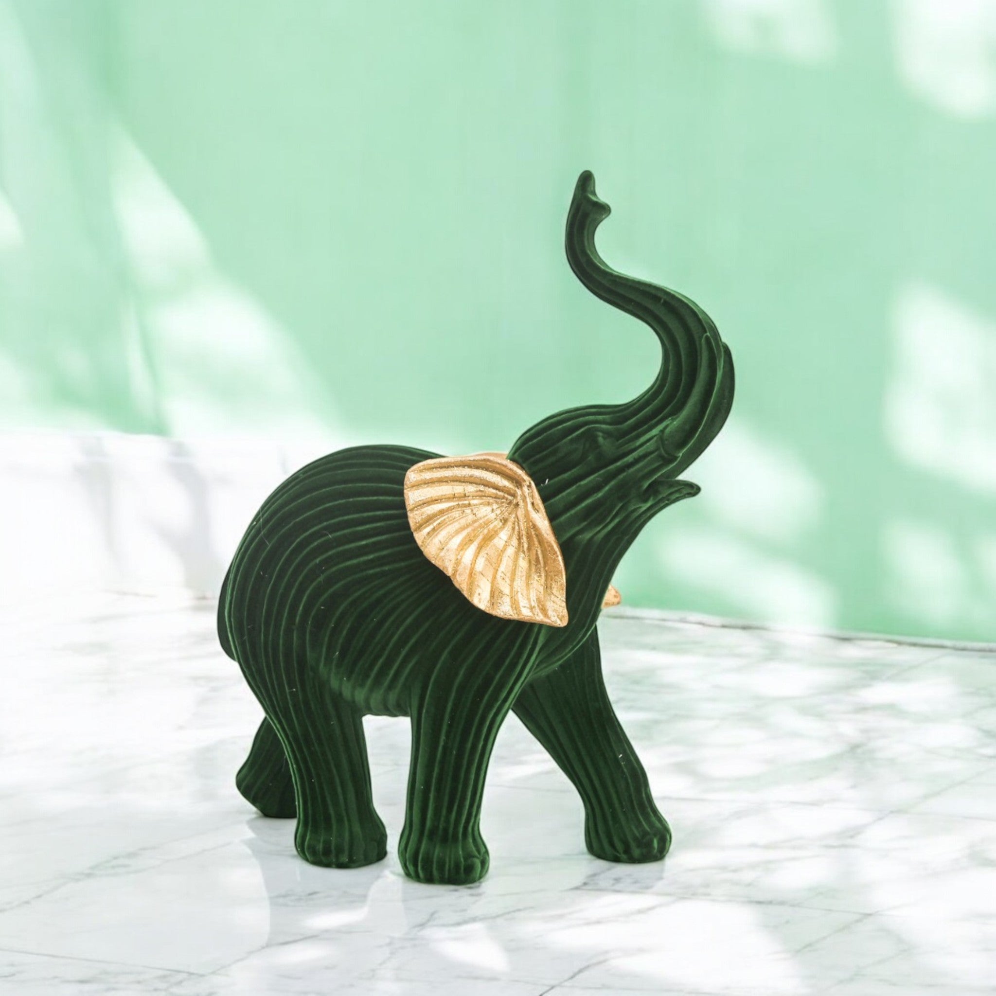 Velvet Green Elephant Sculpture | Modern Art Decor | 28cm Gold-Accented Statue