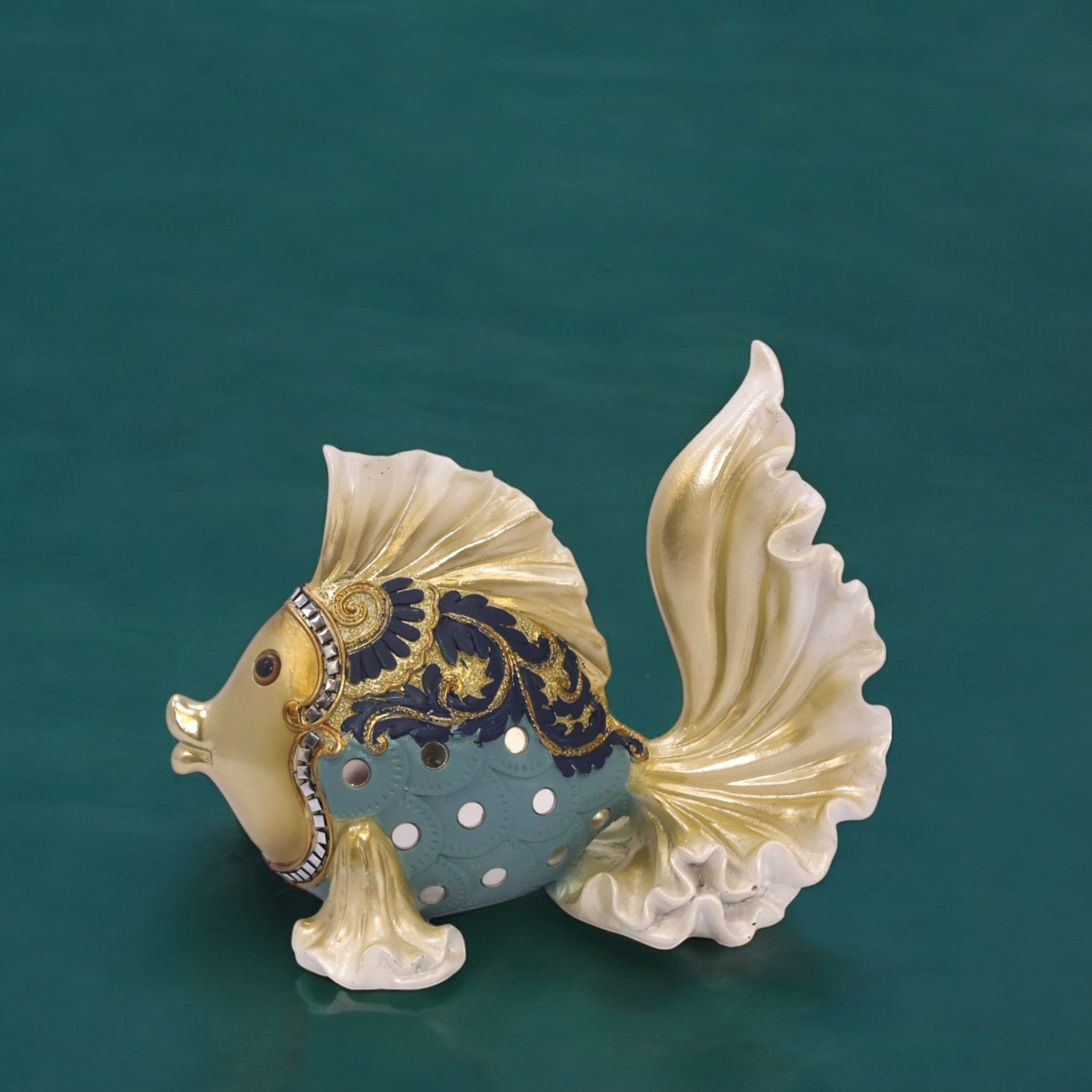 Elegant White Fish Sculpture with Blue Accents | Victorian Style Art Statue | 22cm Premium Home Decor - Divine Dekor