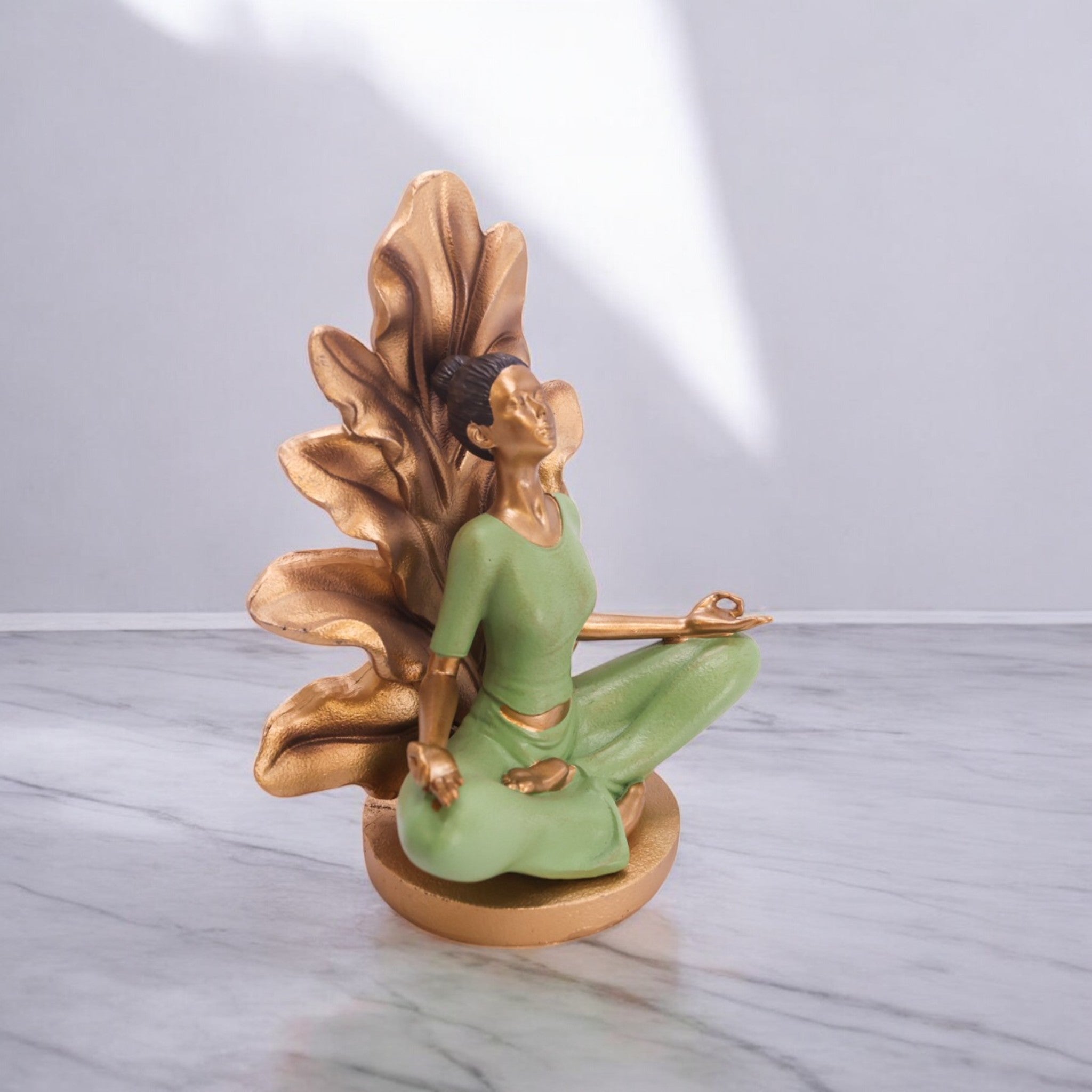 Divine Dekor Lotus Meditation Sculpture | 25.5cm Yoga Lady Statue | Zen Home Decor | Spiritual Mindfulness Art (Green-Gold)
