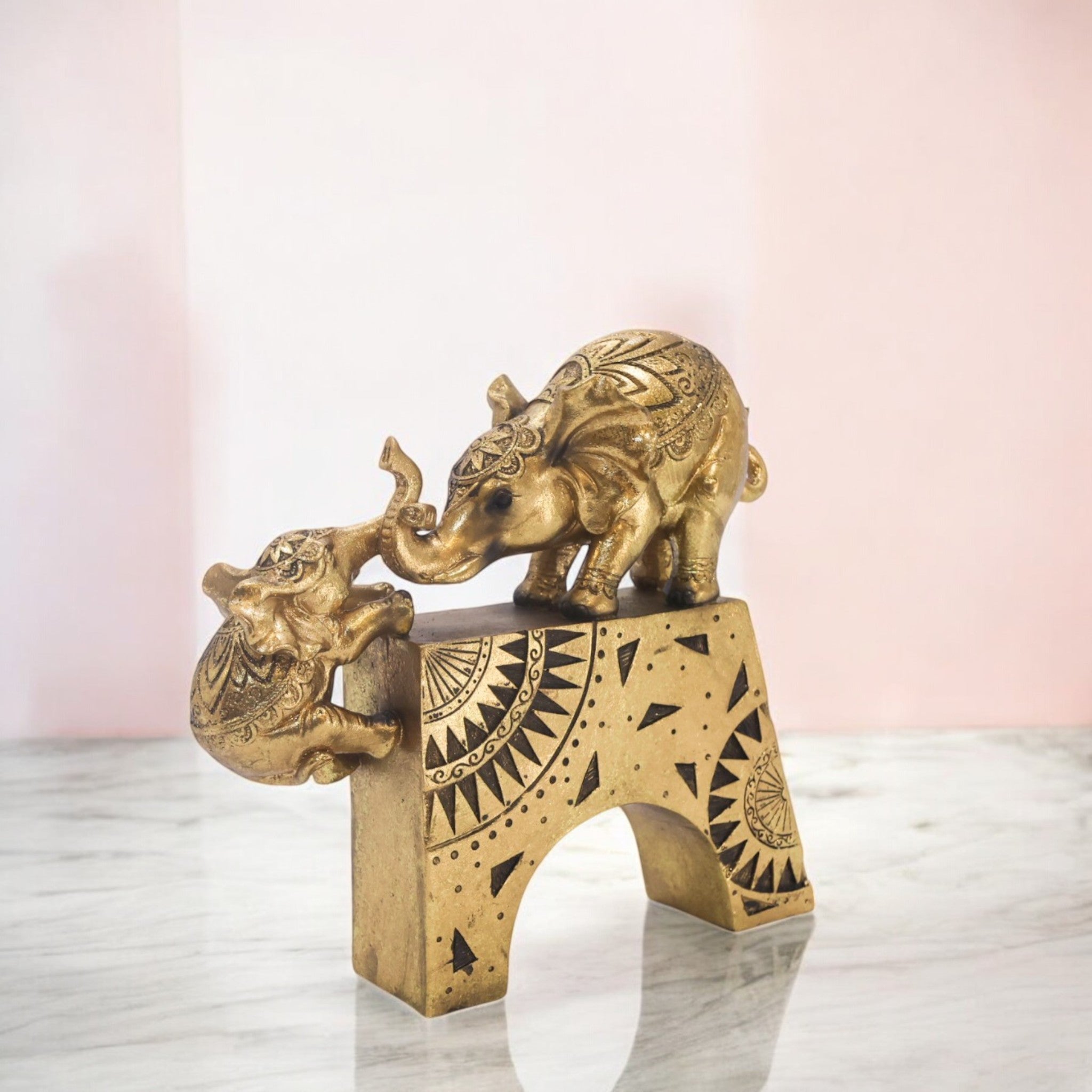 Golden Mother & Baby Elephant Sculpture | Family Bond Art Statue | 22.5cm Luxury Home Decor - Divine Dekor