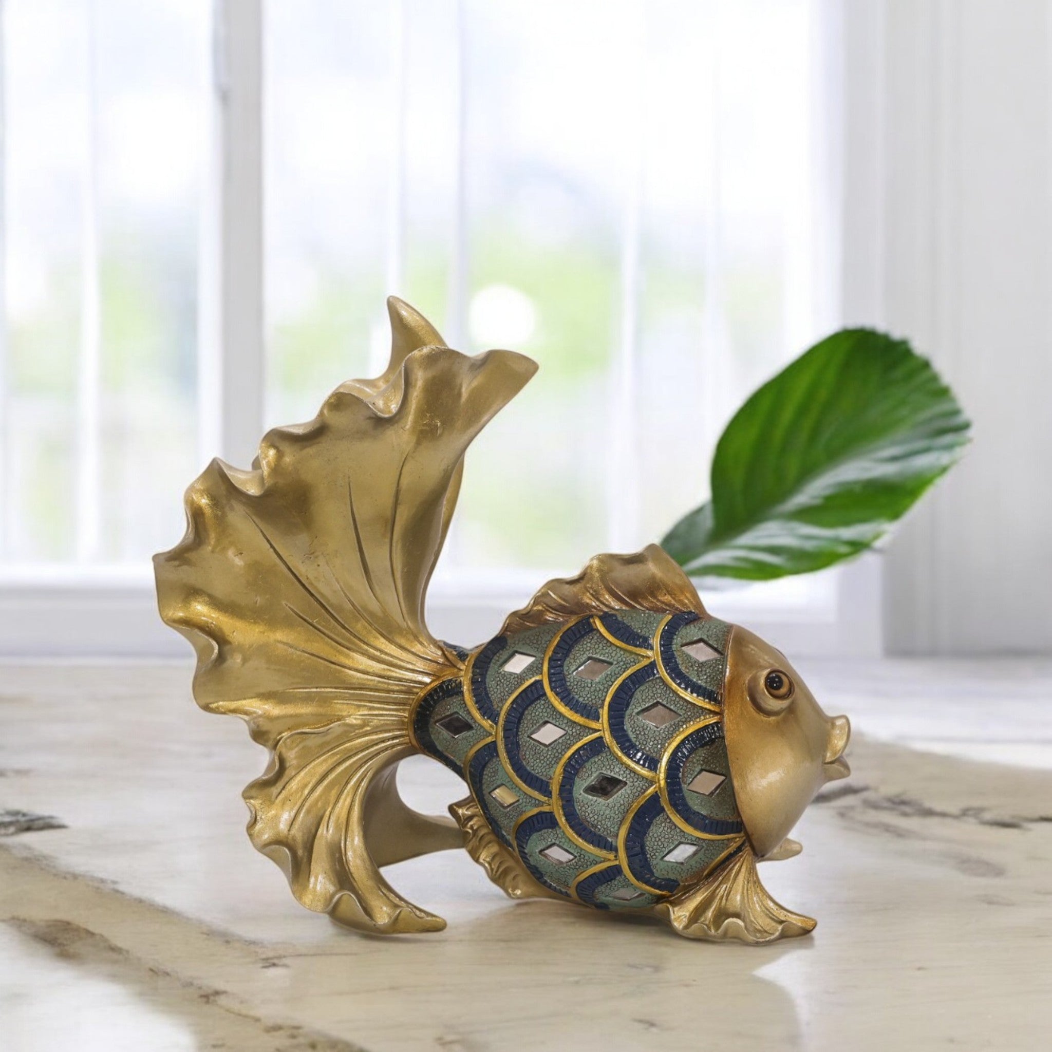 Luxury Golden Fish Sculpture with Blue Scales | Flowing Fin Art Statue | 25.5cm Home Decor - Divine Dekor