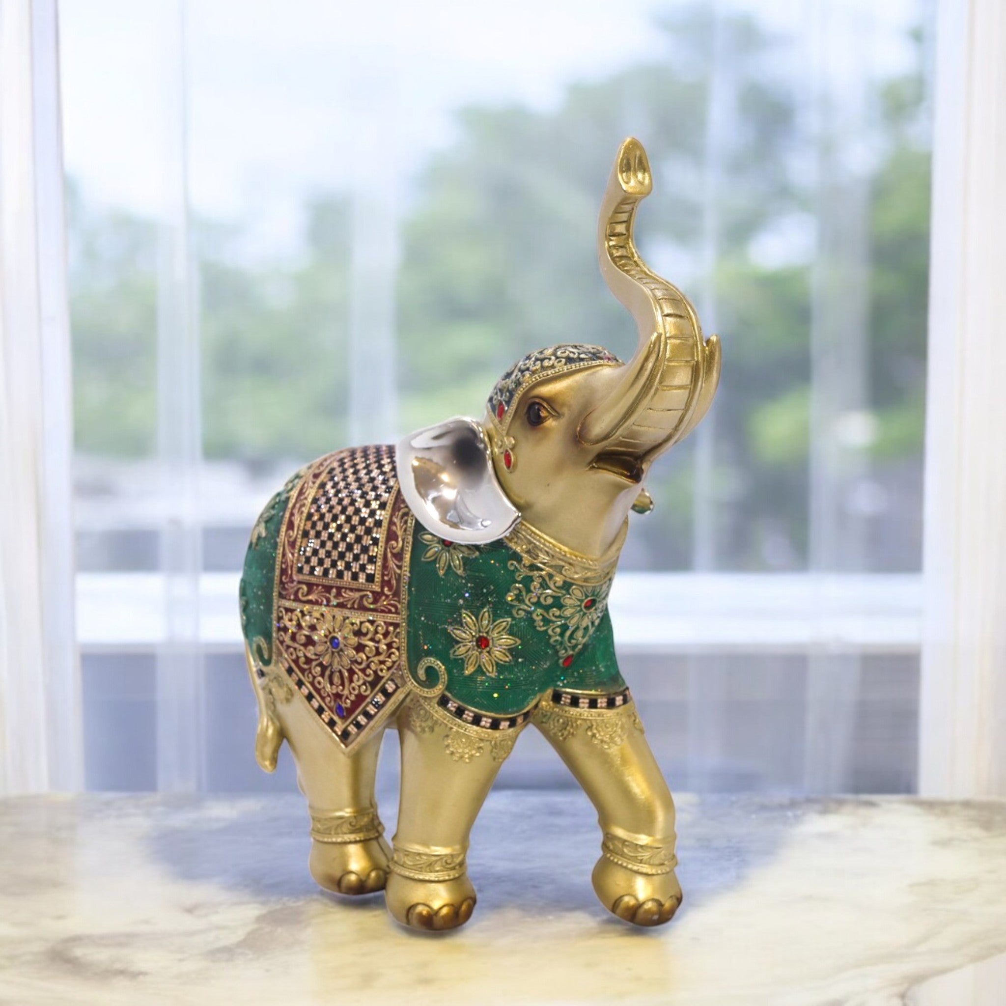 Divine Dekor Royal Elephant Statue - Large Emerald & Gold Prosperity Decor