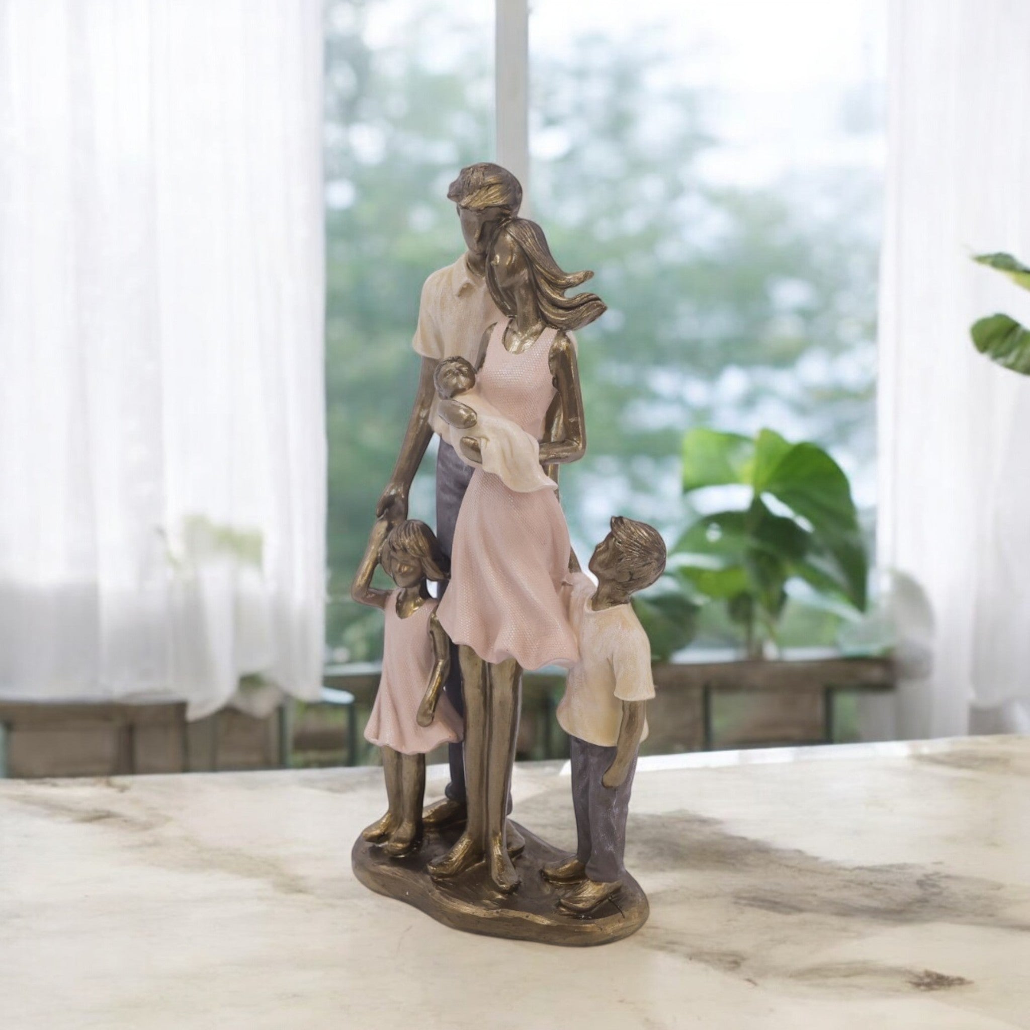 Mother & Children Family Sculpture 25.5cm | Golden White Resin Art | Sentimental Home Decor | Divine Dekor