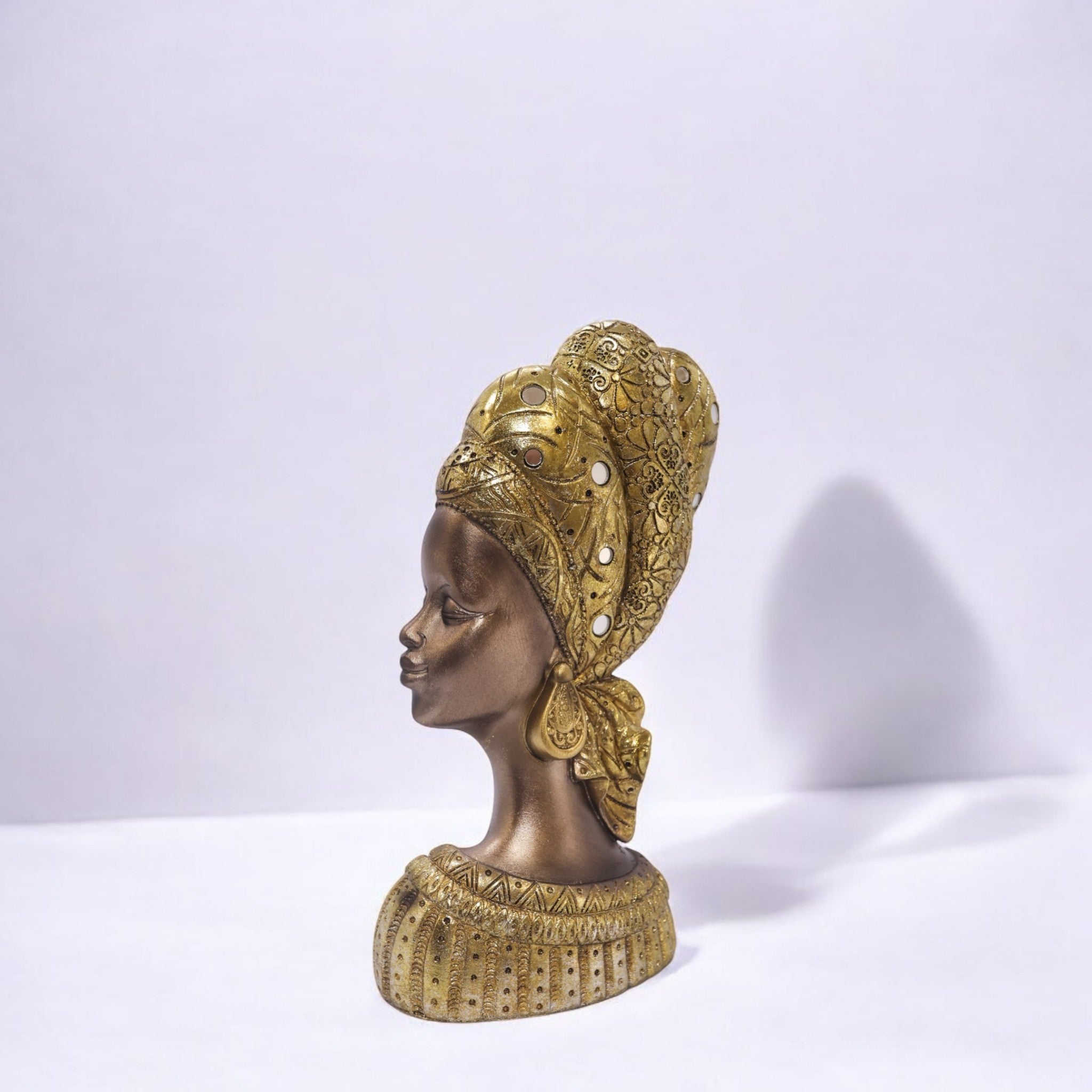 Divine Dekor’s African Queen Bust Sculpture | Golden Headdress Art Statue | 26cm Luxury Cultural Decor