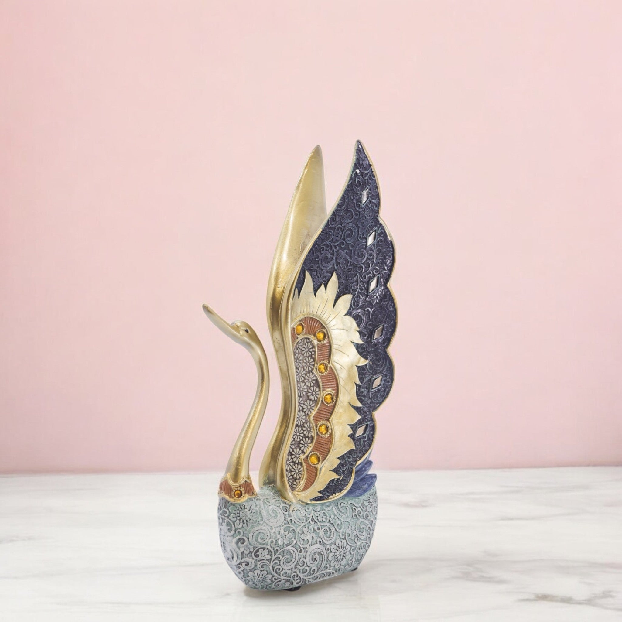 Elegant Swan Sculpture | Navy & Gold Art Statue with Crystal Base | 23cm Luxury Home Decor - Divine Dekor