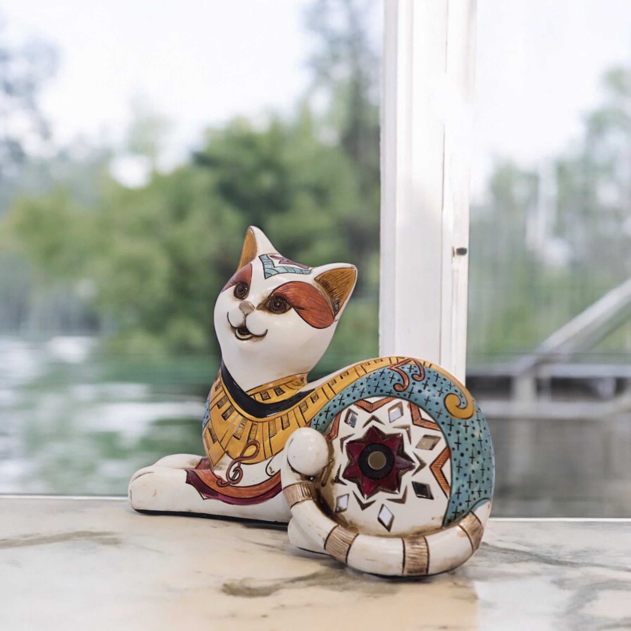 Bohemian Folk Art Cat Figurine | Hand-Painted Resin Sculpture | 20cm Home Decor