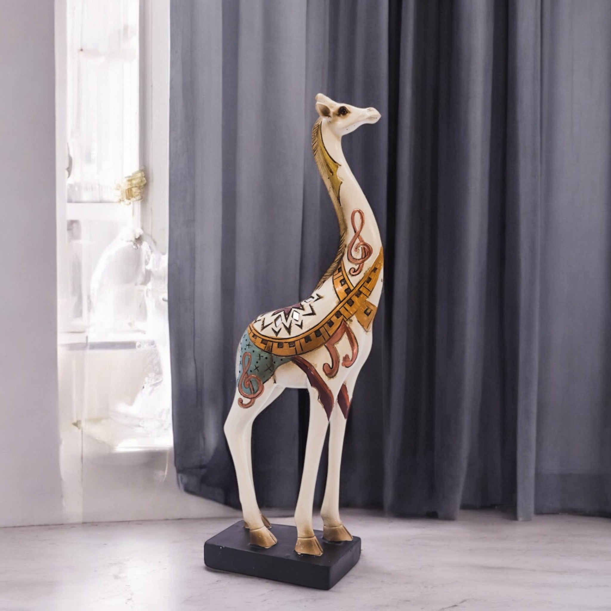 Bohemian Folk Art Giraffe | Hand-Painted White & Gold Sculpture | 33.5cm Decor