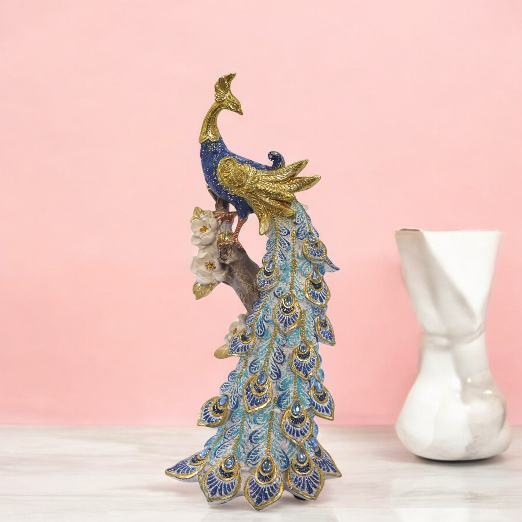 Elegant Peacock Statue with Flowing Feathers | Turquoise & Gold Luxury Bird Sculpture | 29.5cm Premium Home Decor - Divine Dekor