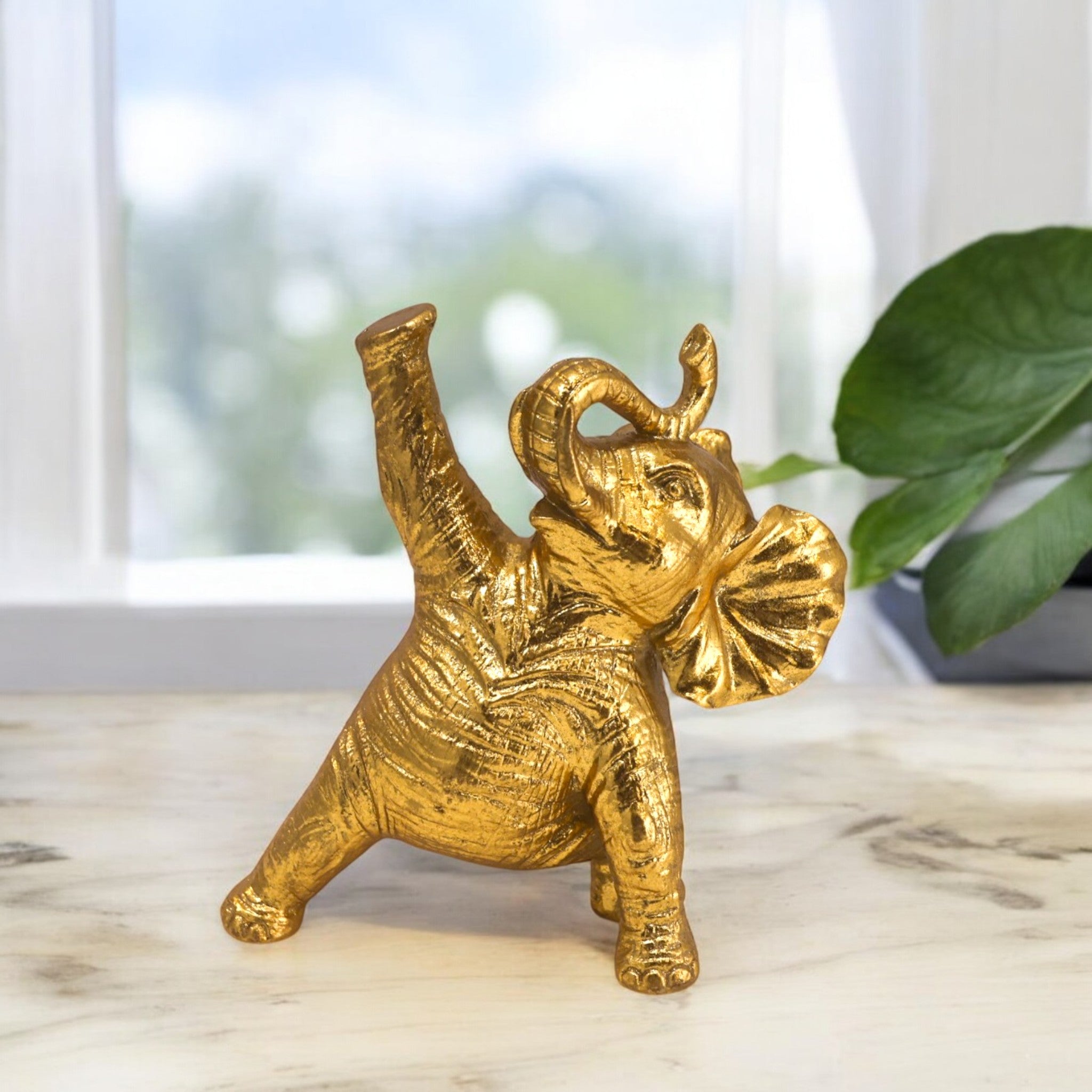 Joyful Golden Elephant Sculpture | Lucky Modern Decor | Divine Dekor