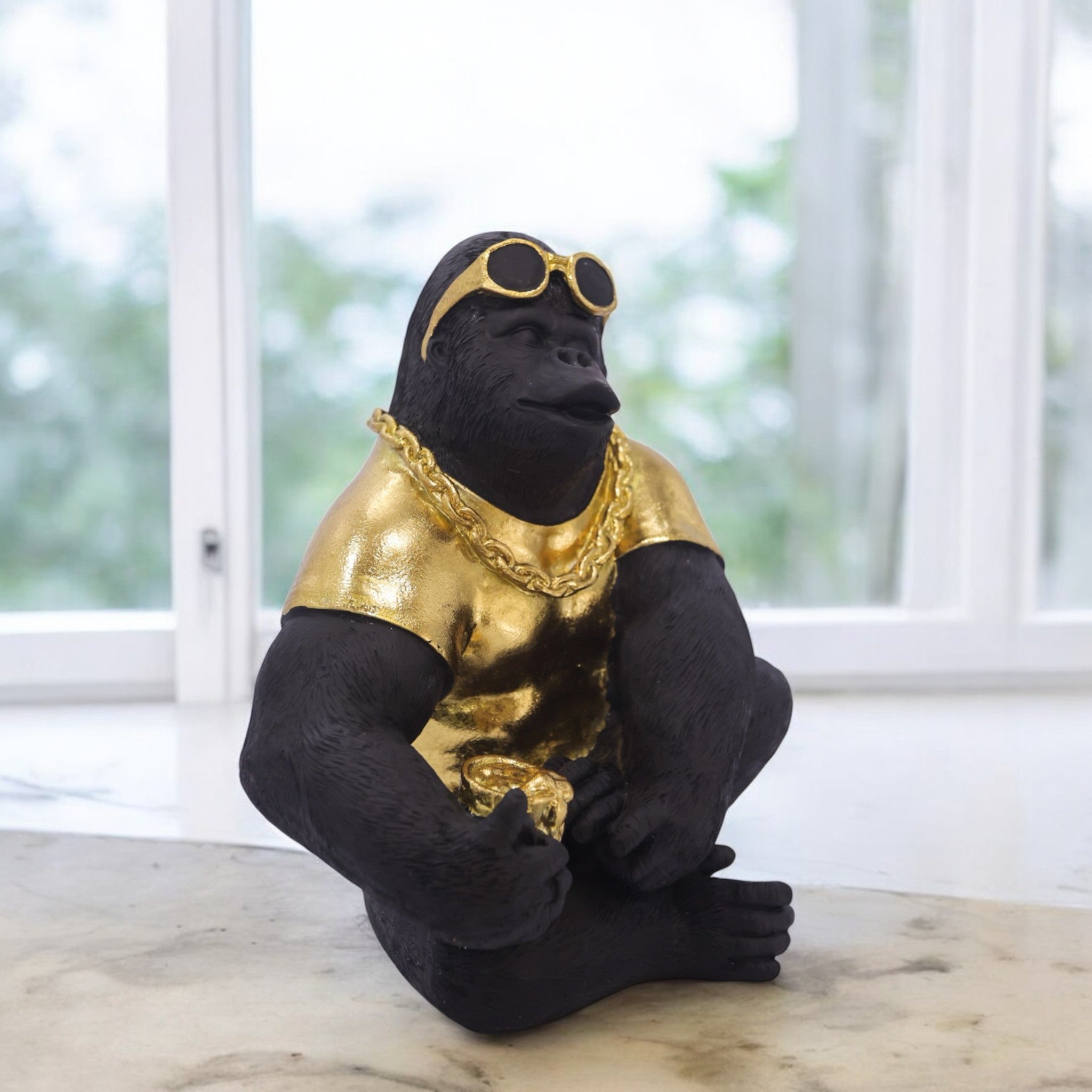 Modern Street Style Gorilla Sculpture | Black & Gold Urban Art Statue | 26cm Contemporary Home Decor - Divine Dekor