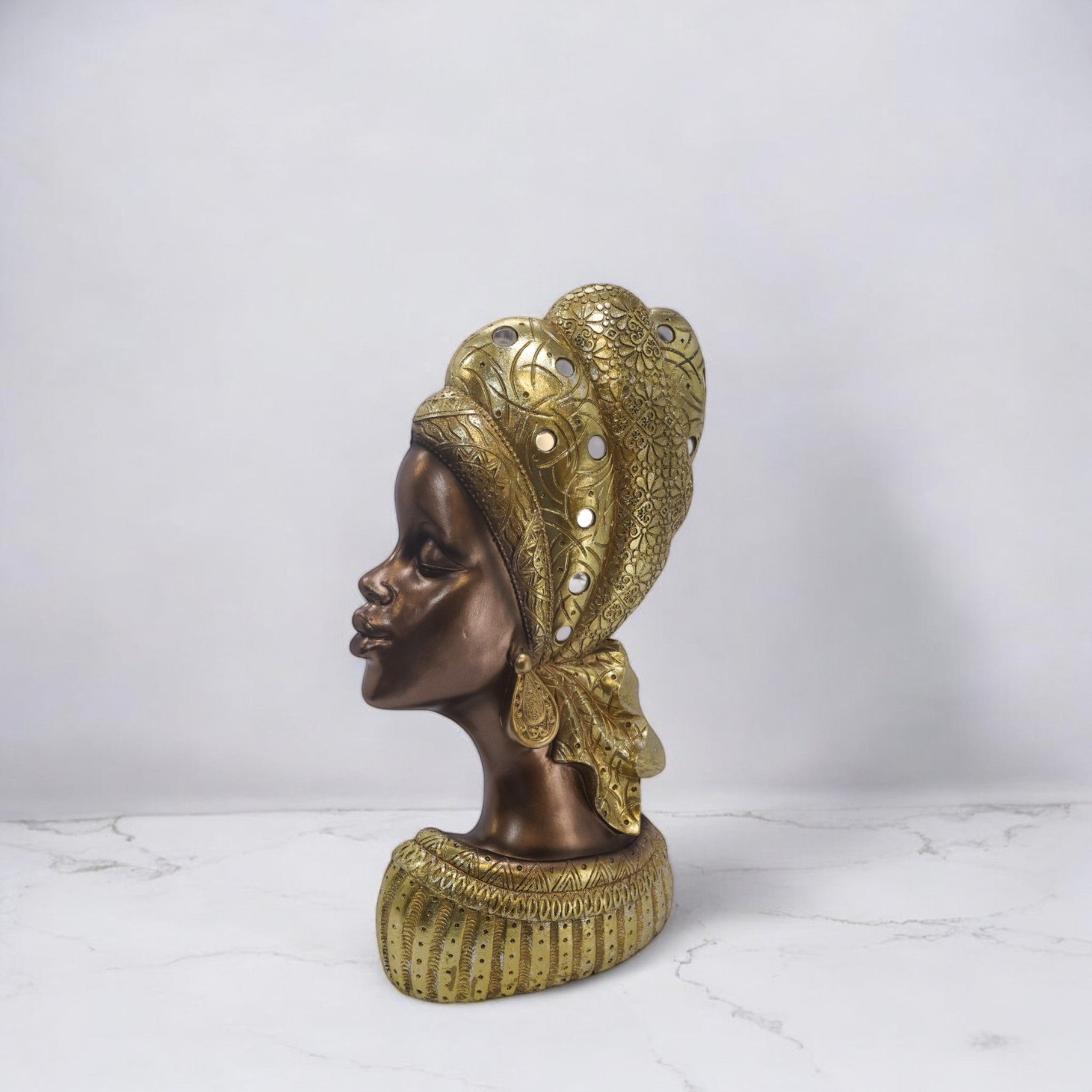 African Queen Bust Sculpture | Gold Headwrap Art Statue | 38.5cm Luxury Cultural Decor - Divine Dekor