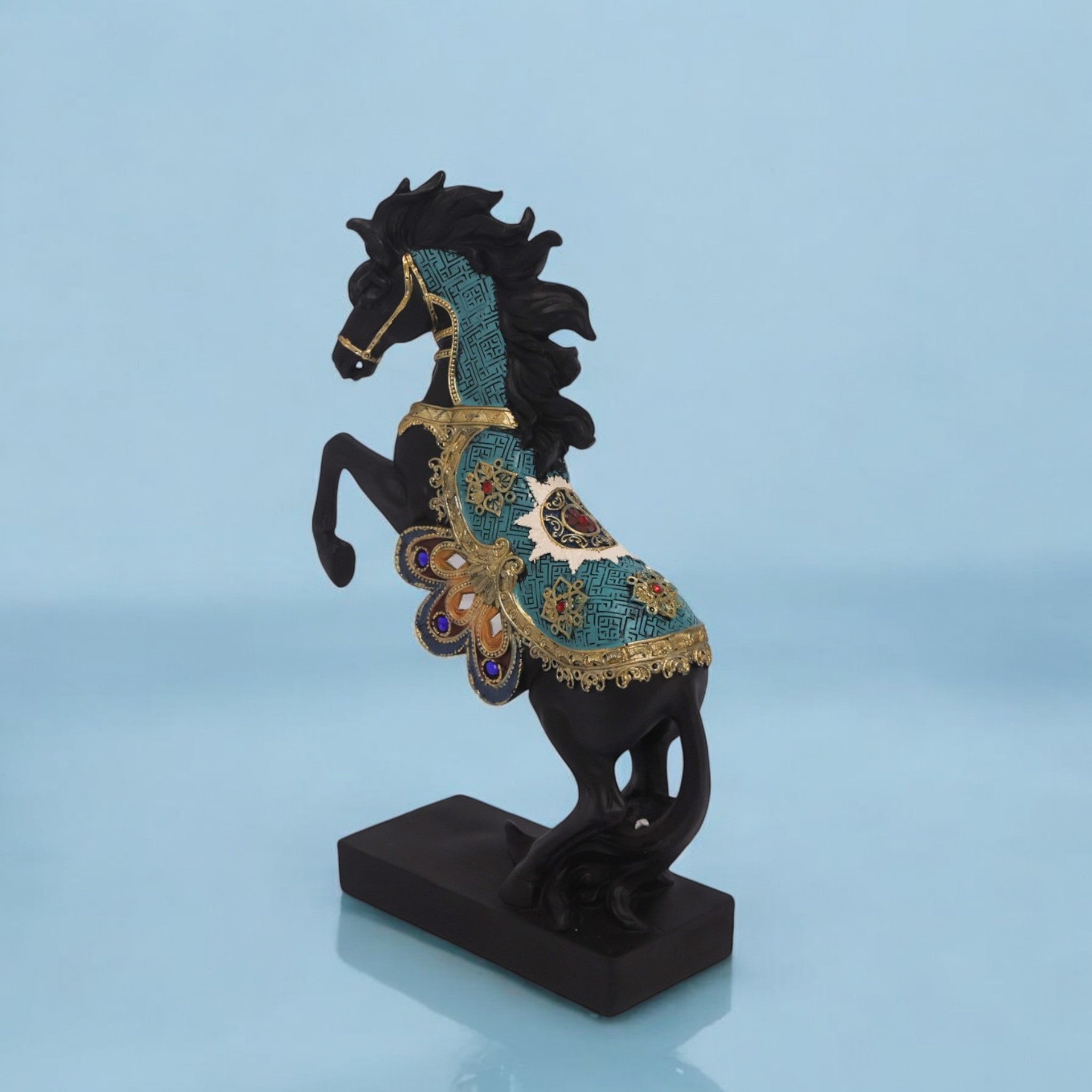 Majestic Black Horse Sculpture with Turquoise Accents | Rearing Stallion Art Statue | 30cm Premium Home Decor - Divine Dekor