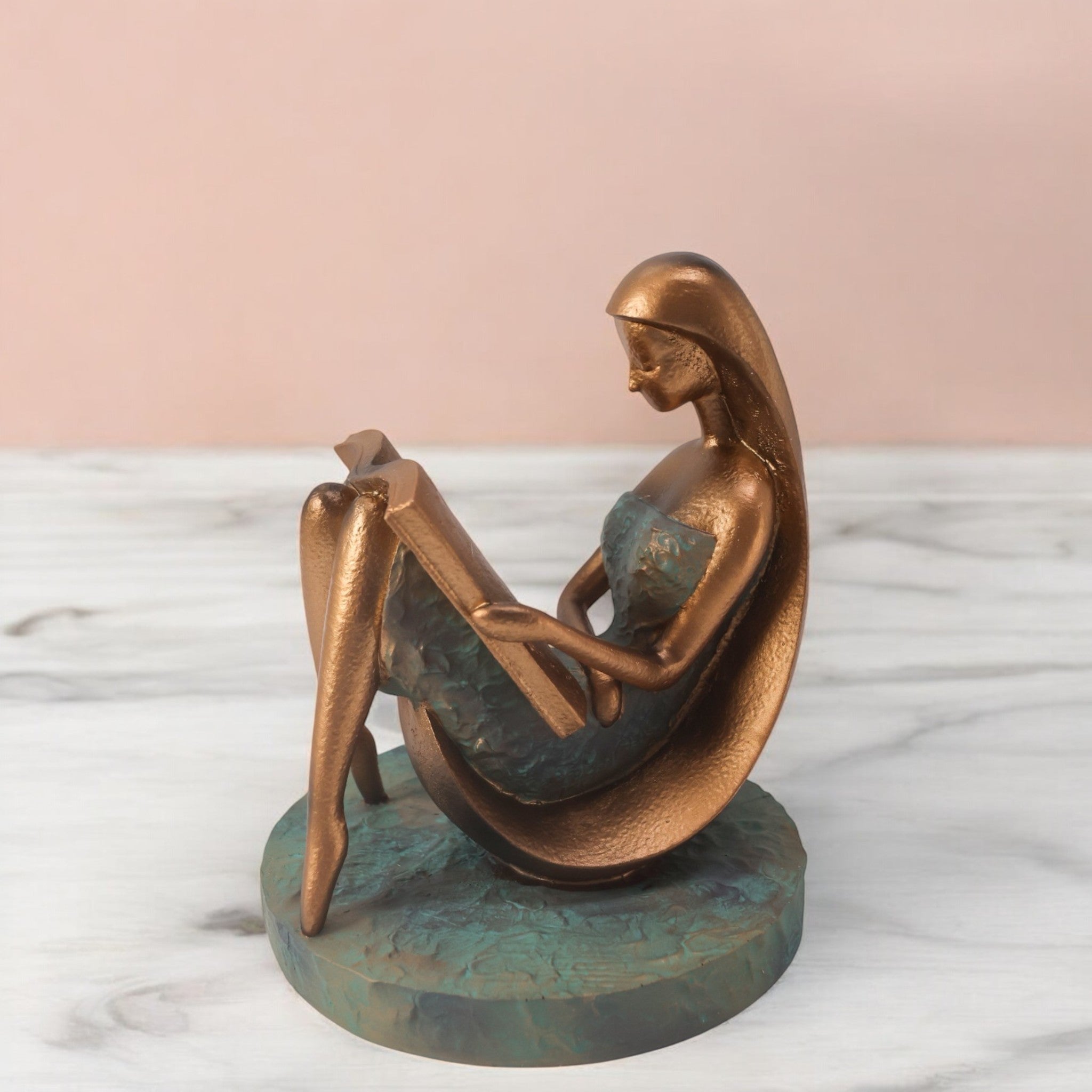 Divine Dekor’s Modern Reading Lady Sculpture 22cm | Bronze & Teal Art Figure | Contemporary Home Decor