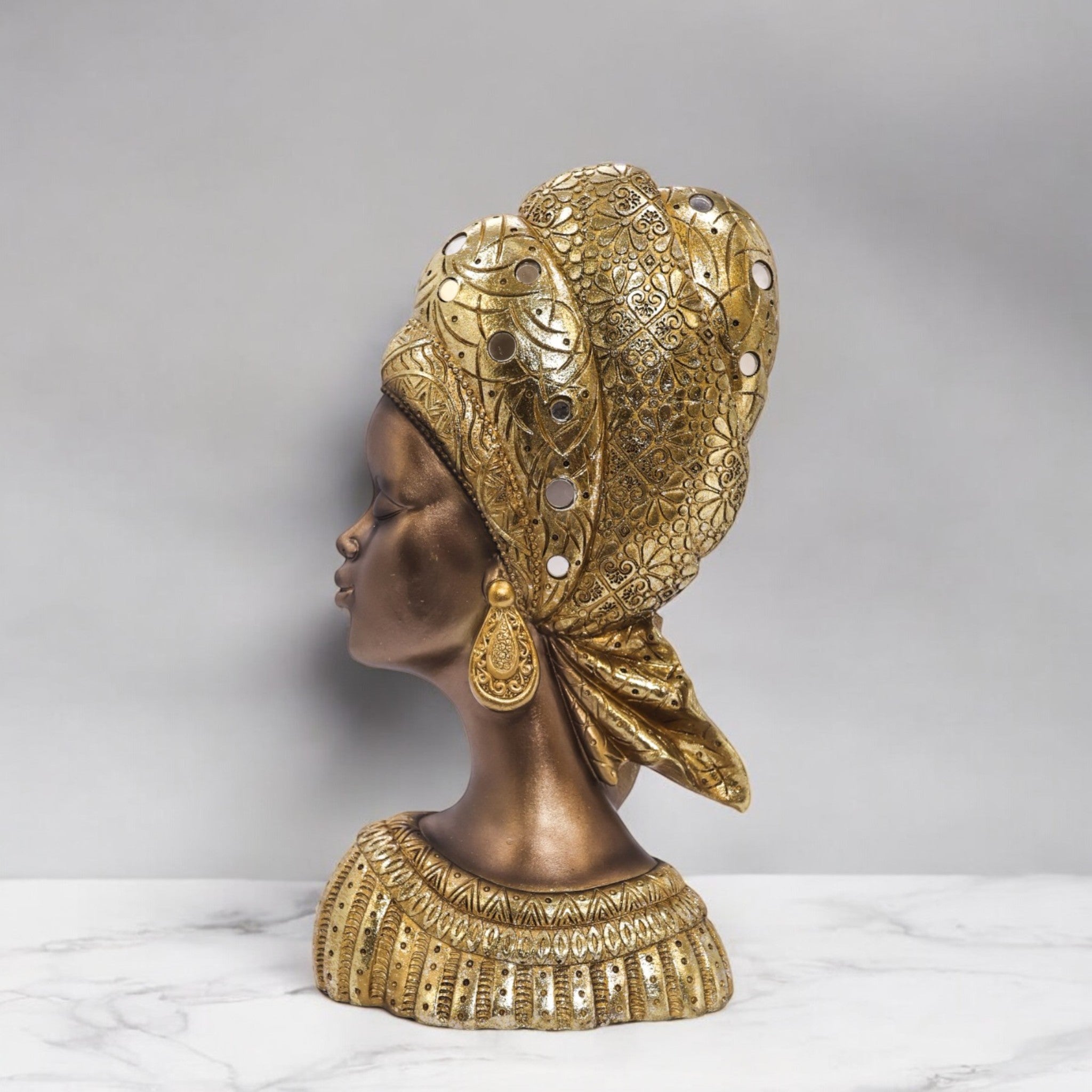 Divine Dekor’s African Queen Bust Sculpture 31cm | Golden Traditional Art | Luxury Cultural Decor
