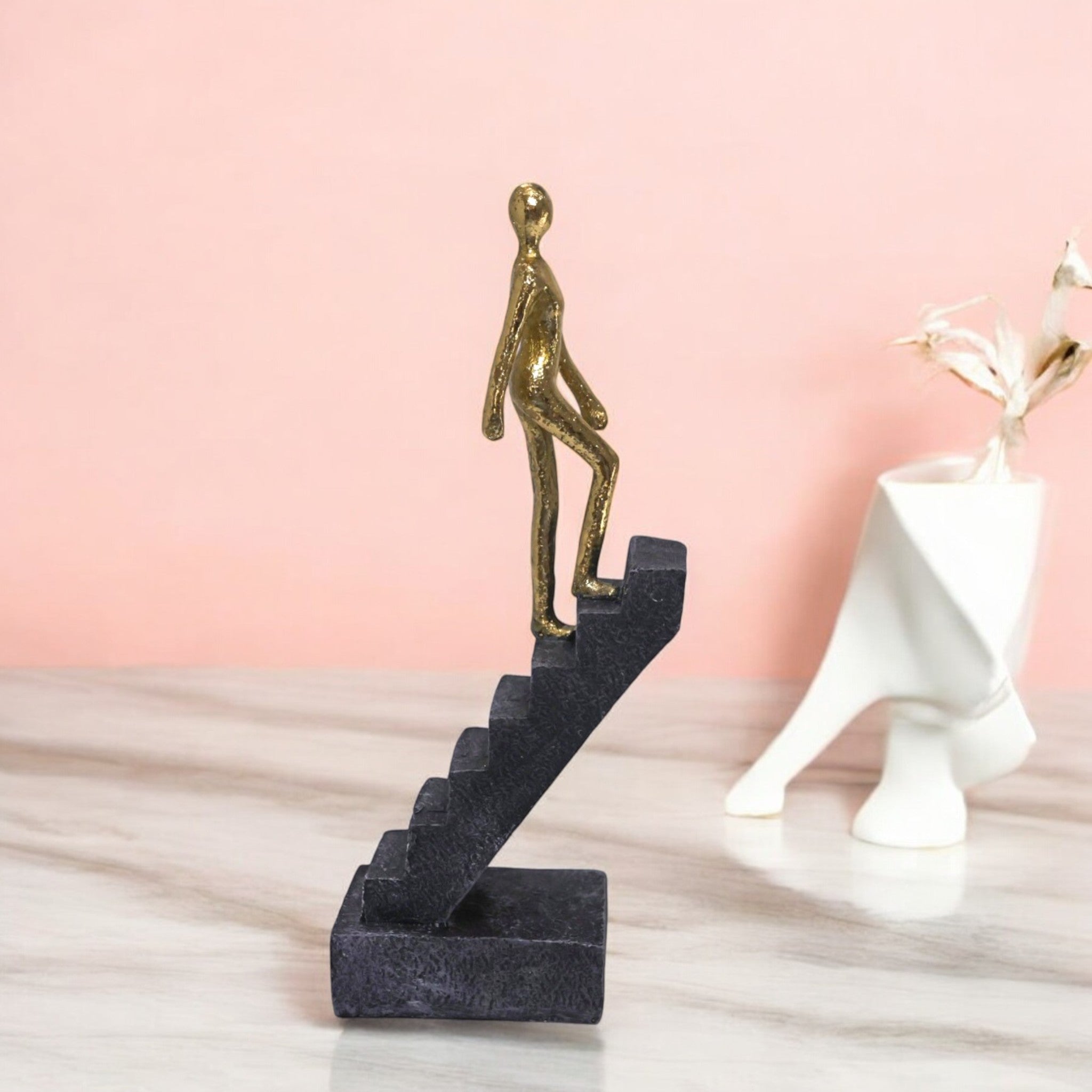 Ascending Figure Stairway Sculpture | Gold & Grey Success Art Statue | 24.5cm Modern Home Decor - Divine Dekor
