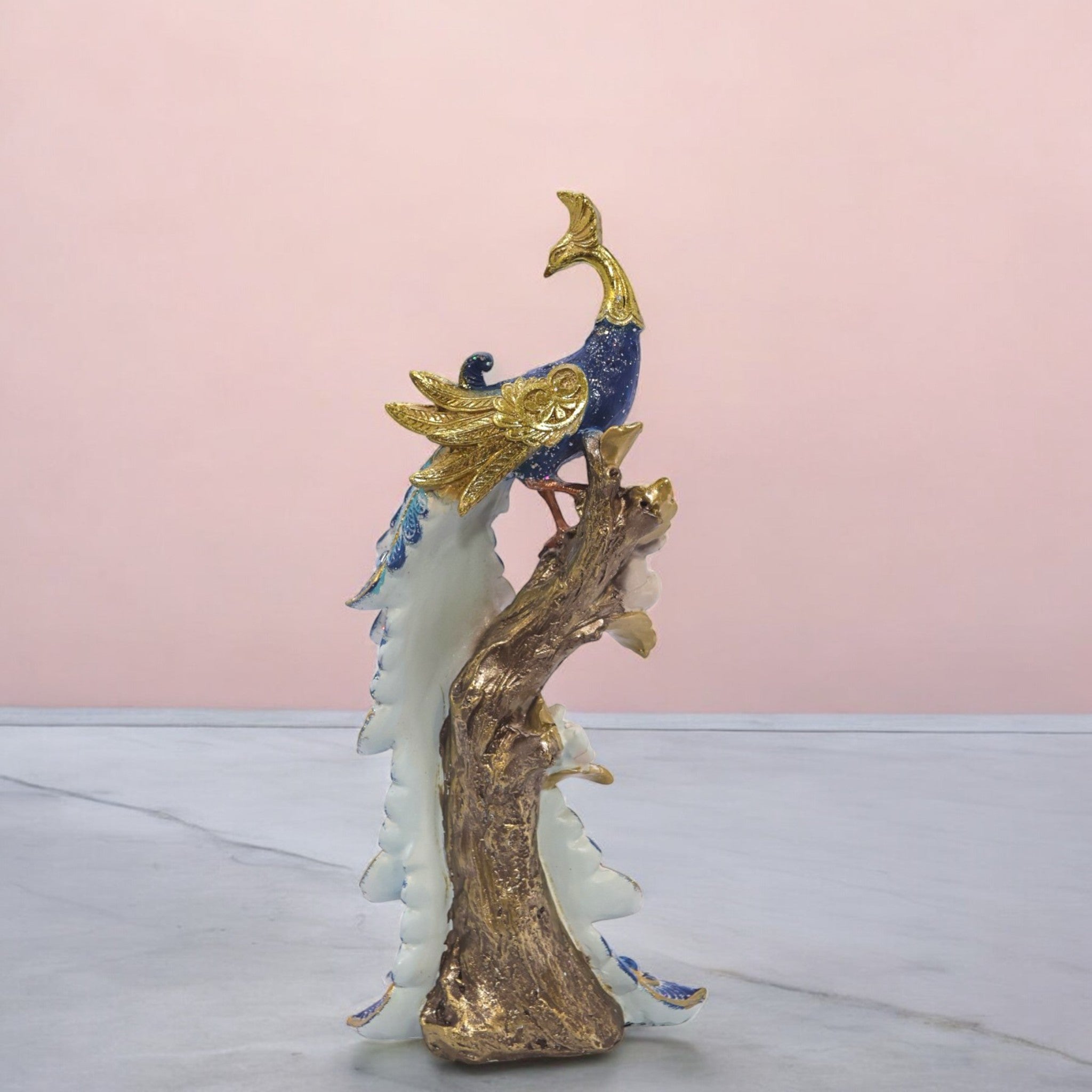 Elegant Peacock Statue with Flowing Feathers | Turquoise & Gold Luxury Bird Sculpture | 29.5cm Premium Home Decor - Divine Dekor