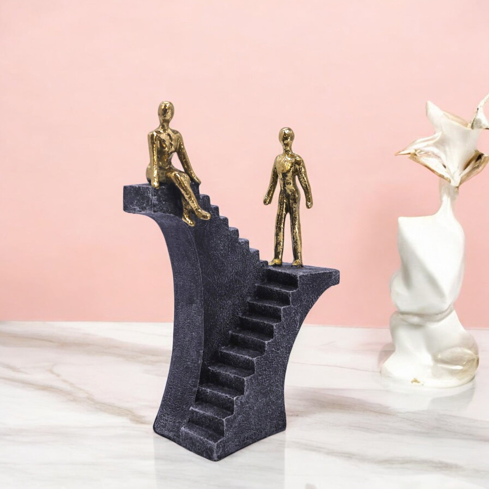 Ascending Figures Stairway Sculpture | Modern Grey & Gold Art Statue | 25cm Contemporary Home Decor - Divine Dekor