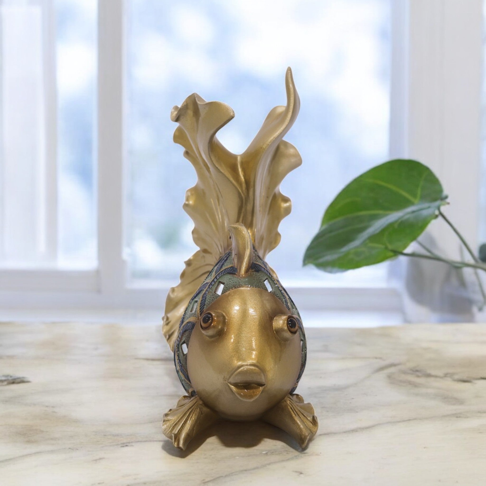 Luxury Golden Fish Sculpture with Blue Scales | Flowing Fin Art Statue | 25.5cm Home Decor - Divine Dekor