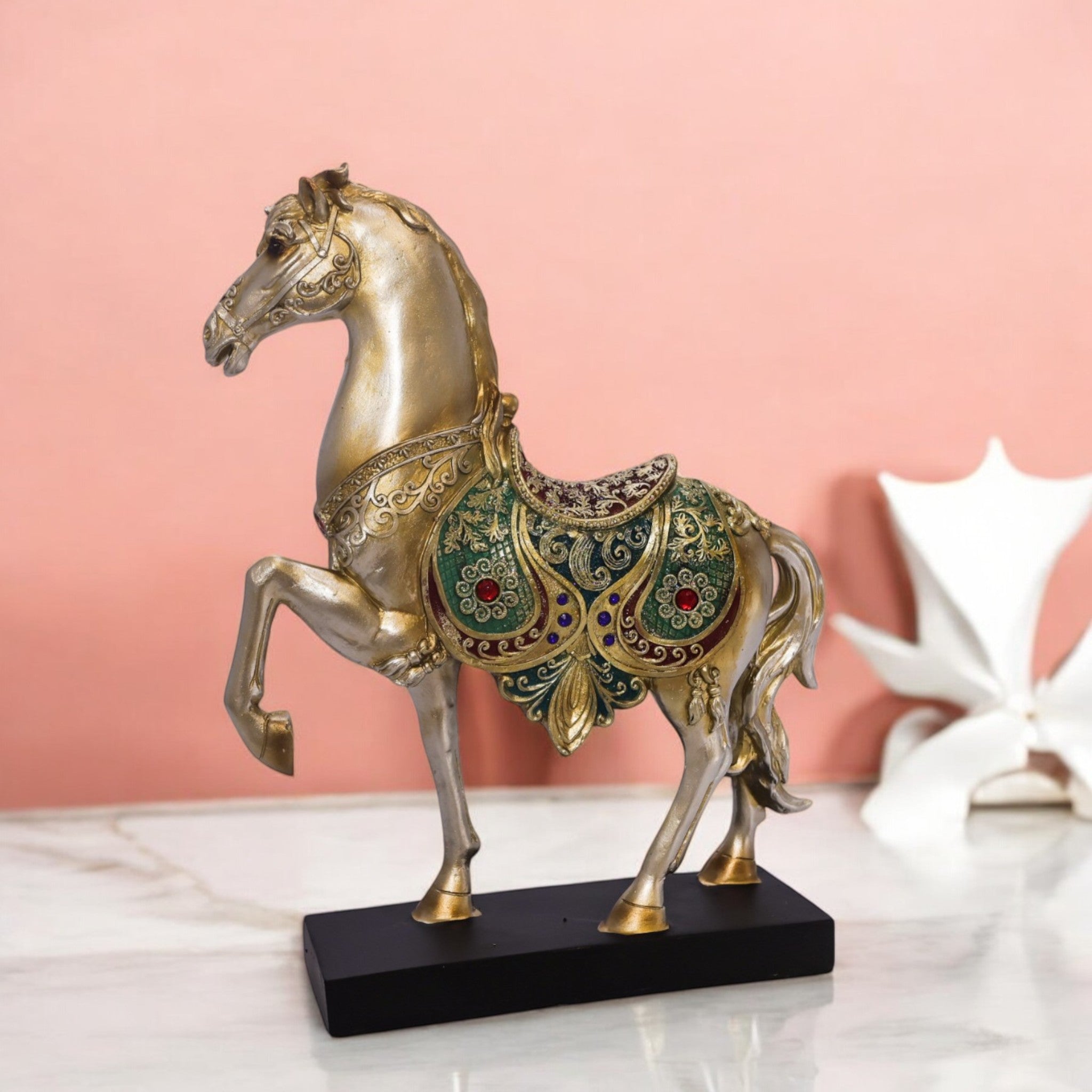 Luxury Golden Horse Statue with Emerald Crystal Accents | Elegant Home Decor Figurine | 31cm Royal Collection - Divine Dekor