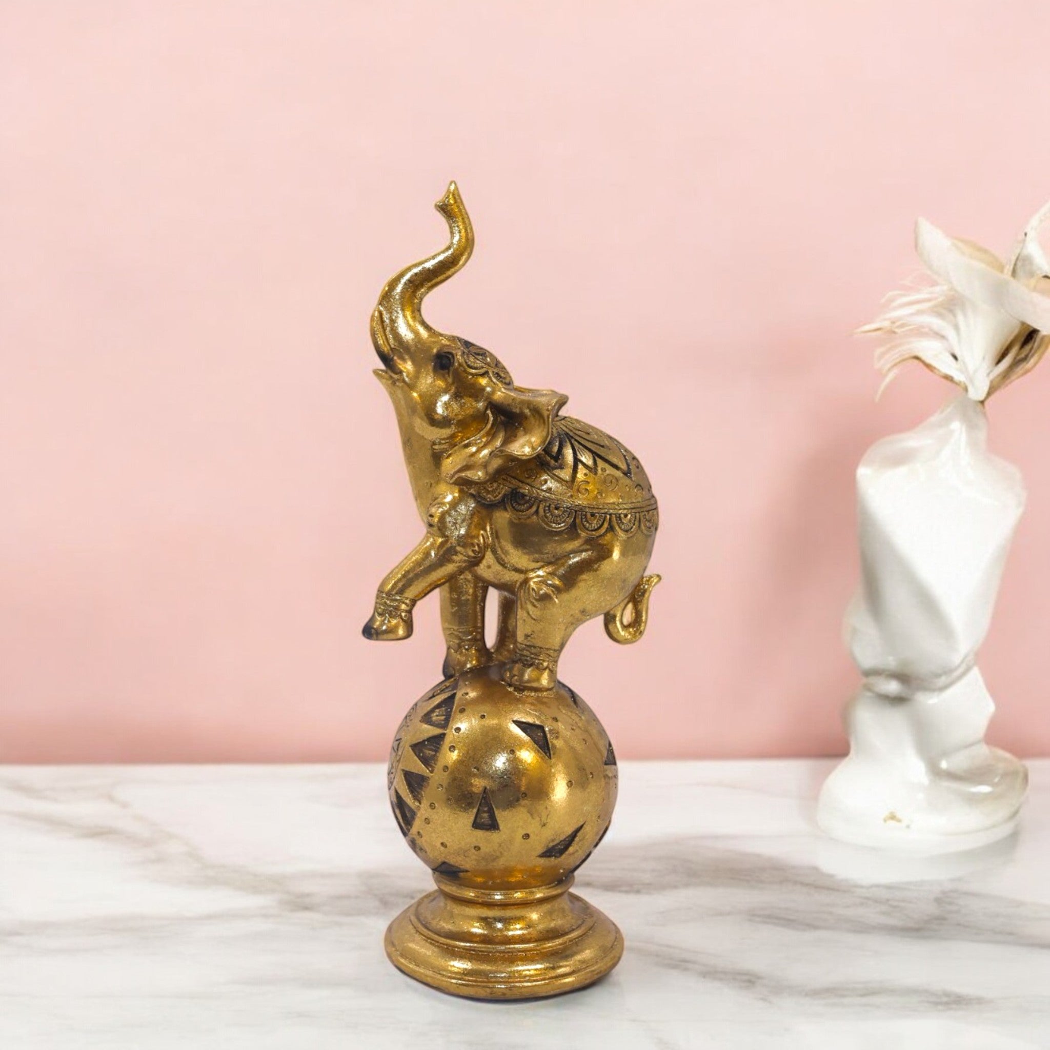Golden Elephant World Globe Sculpture | Luxury Success Symbol Art Statue | 25.5cm Business Decor - Divine Dekor