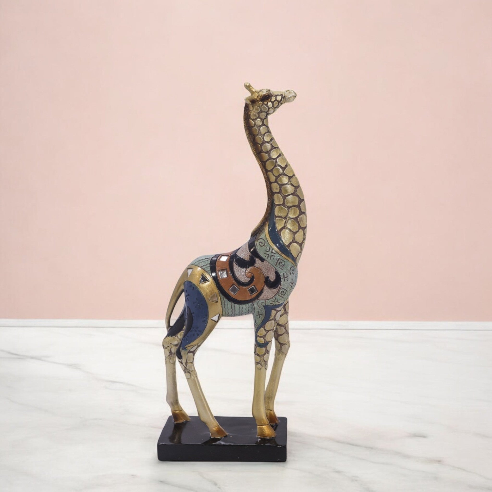 Divine Dekor Modern Mosaic Giraffe - Tall Blue & Gold Art Deco Statue