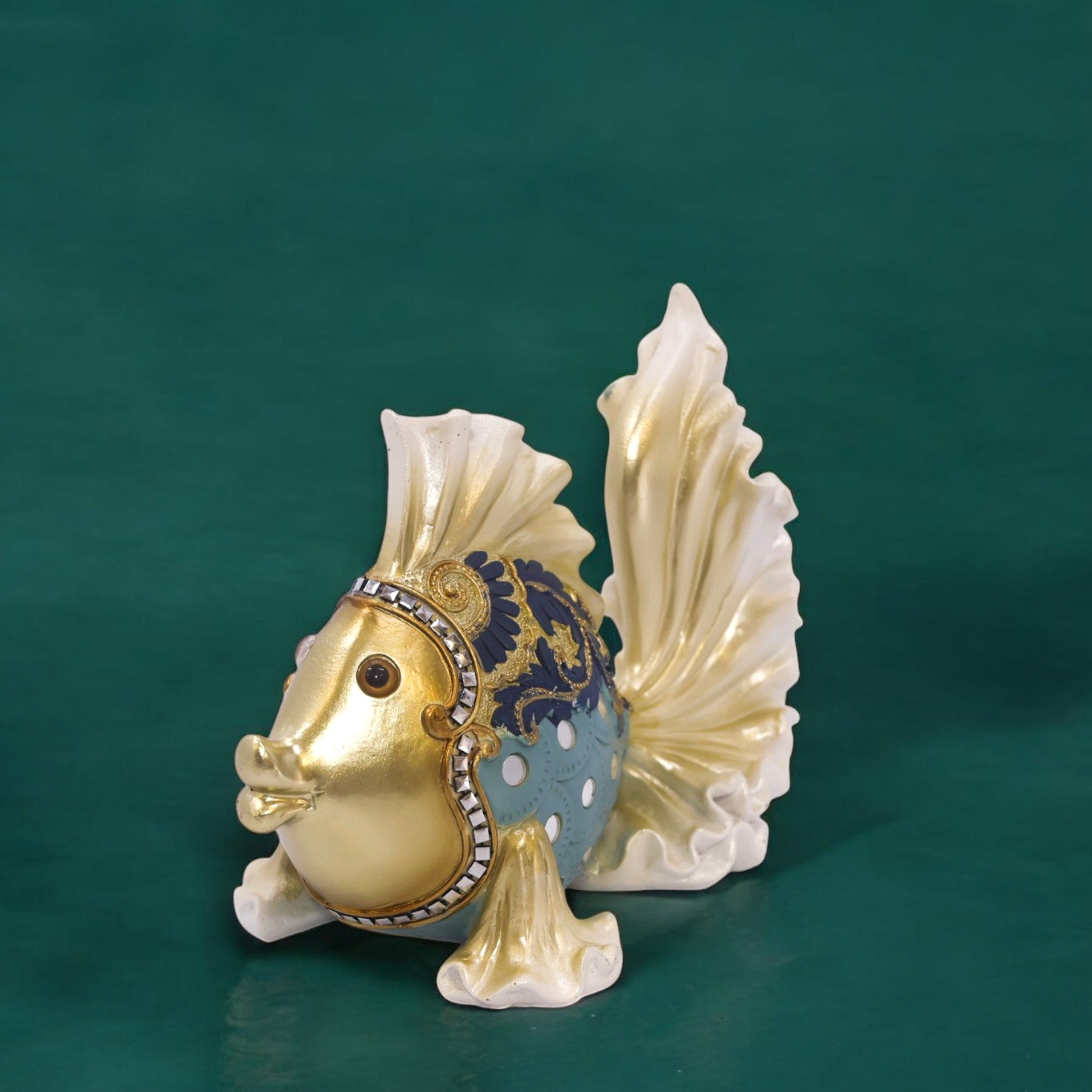 Elegant White Fish Sculpture with Blue Accents | Victorian Style Art Statue | 22cm Premium Home Decor - Divine Dekor
