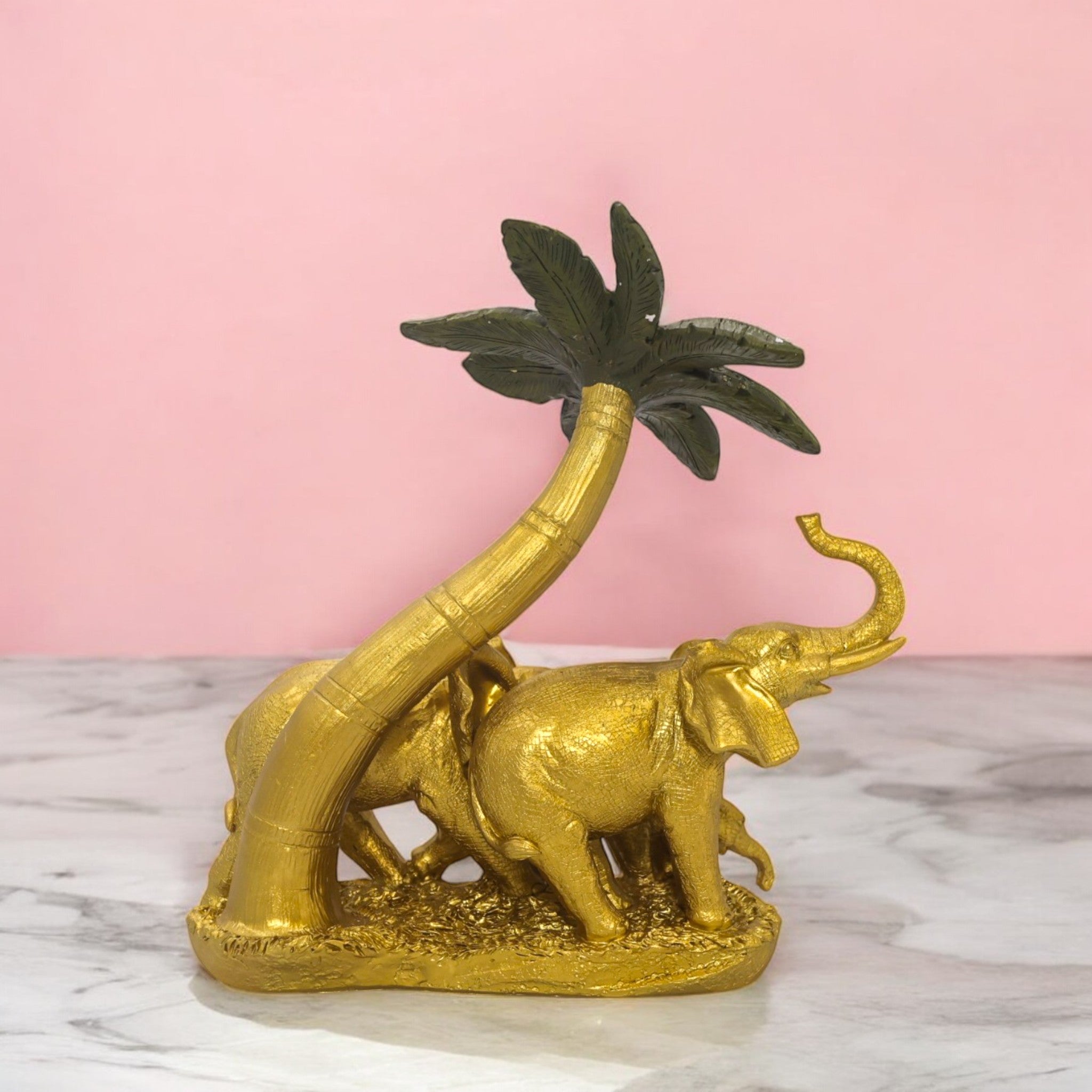 Divine Dekor Golden Elephant Palm Sculpture | 23.5cm Luxury Safari Art | Feng Shui Wealth Symbol | Premium Home Decor Collection