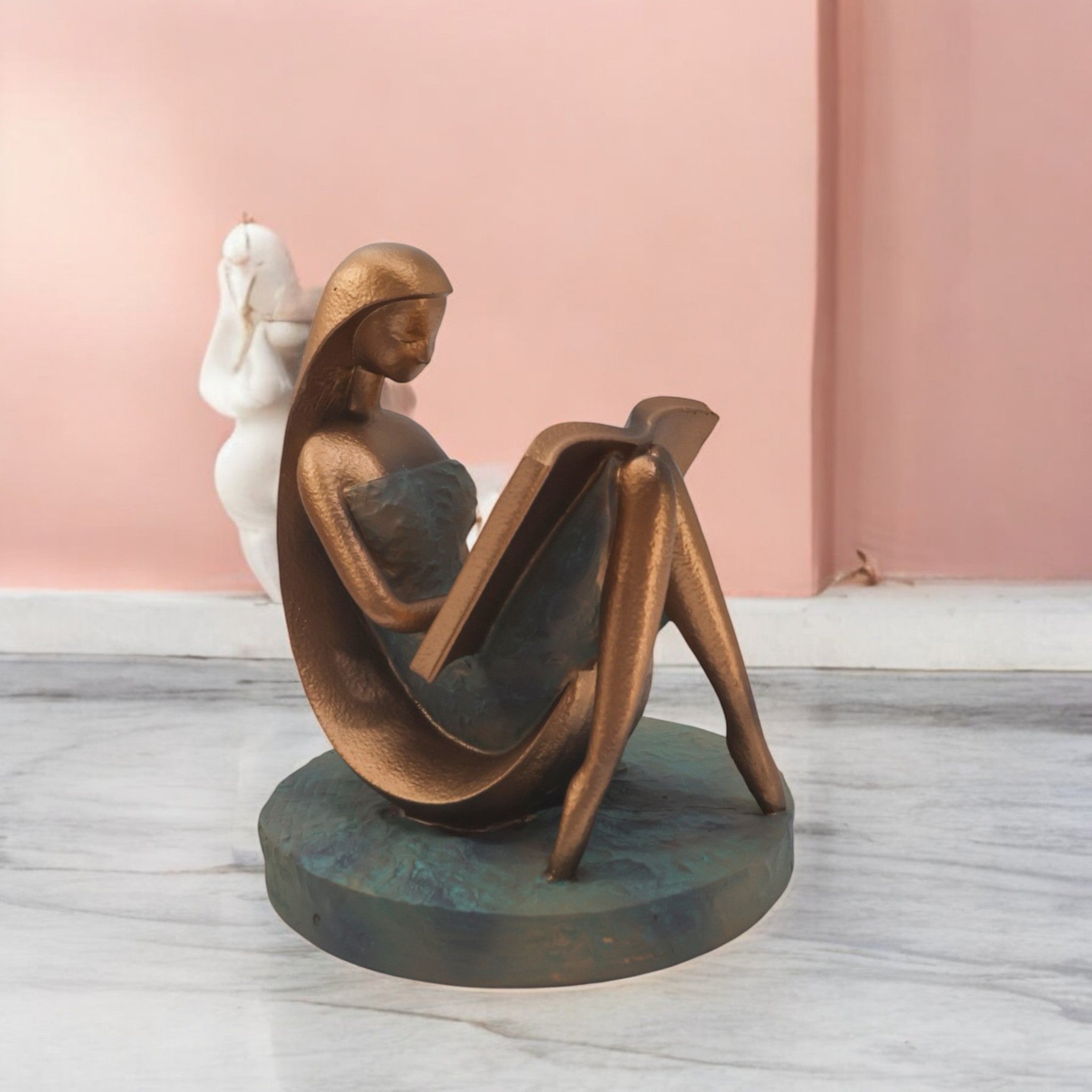 Divine Dekor’s Modern Reading Lady Sculpture 22cm | Bronze & Teal Art Figure | Contemporary Home Decor