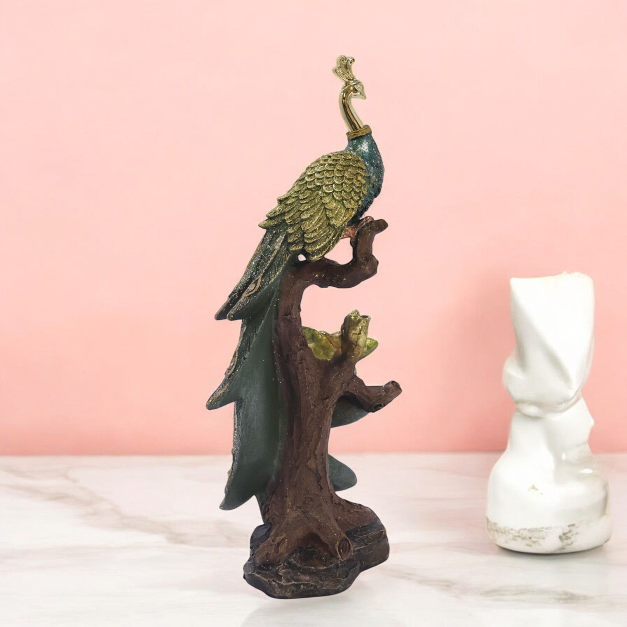 Regal Peacock Sculpture | Hand-Painted Luxury Home Decor | 28cm Decorative Bird Figurine - Divine Dekor