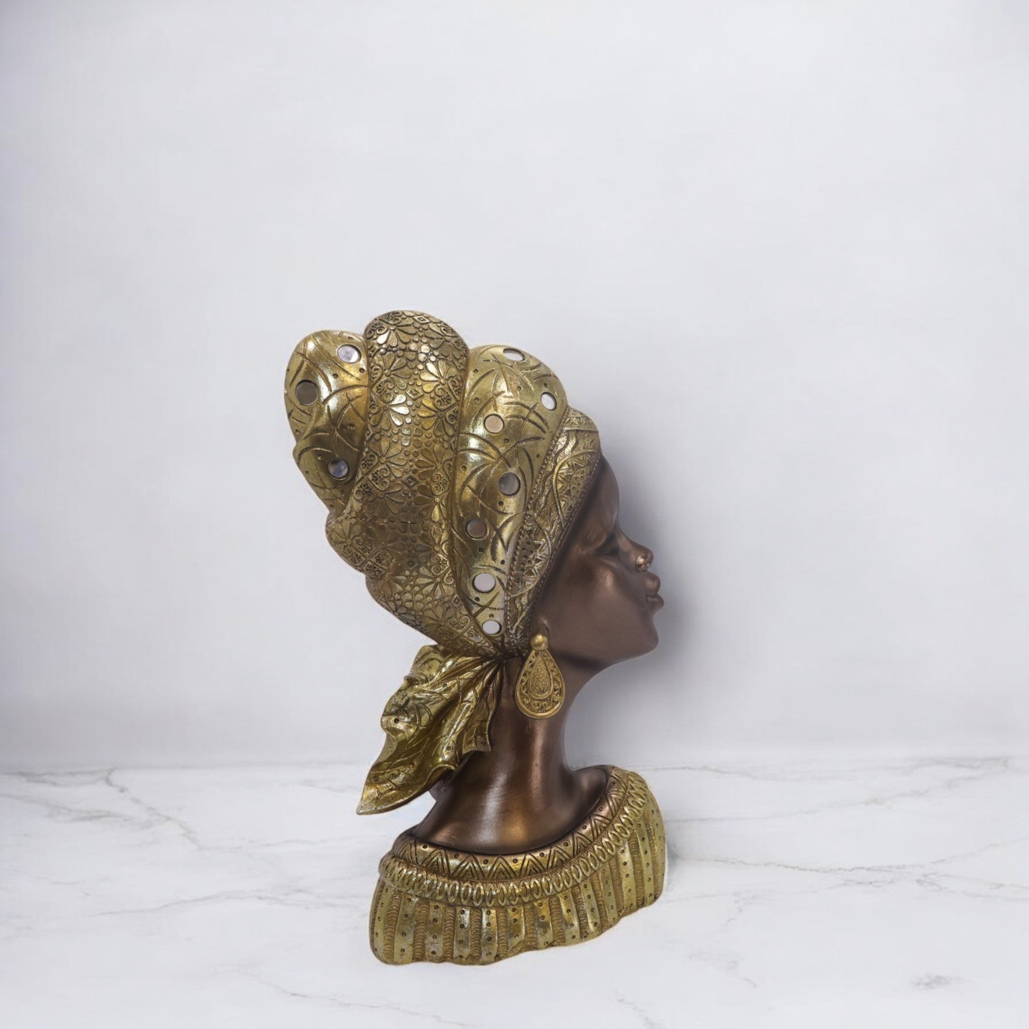African Queen Bust Sculpture | Gold Headwrap Art Statue | 38.5cm Luxury Cultural Decor - Divine Dekor