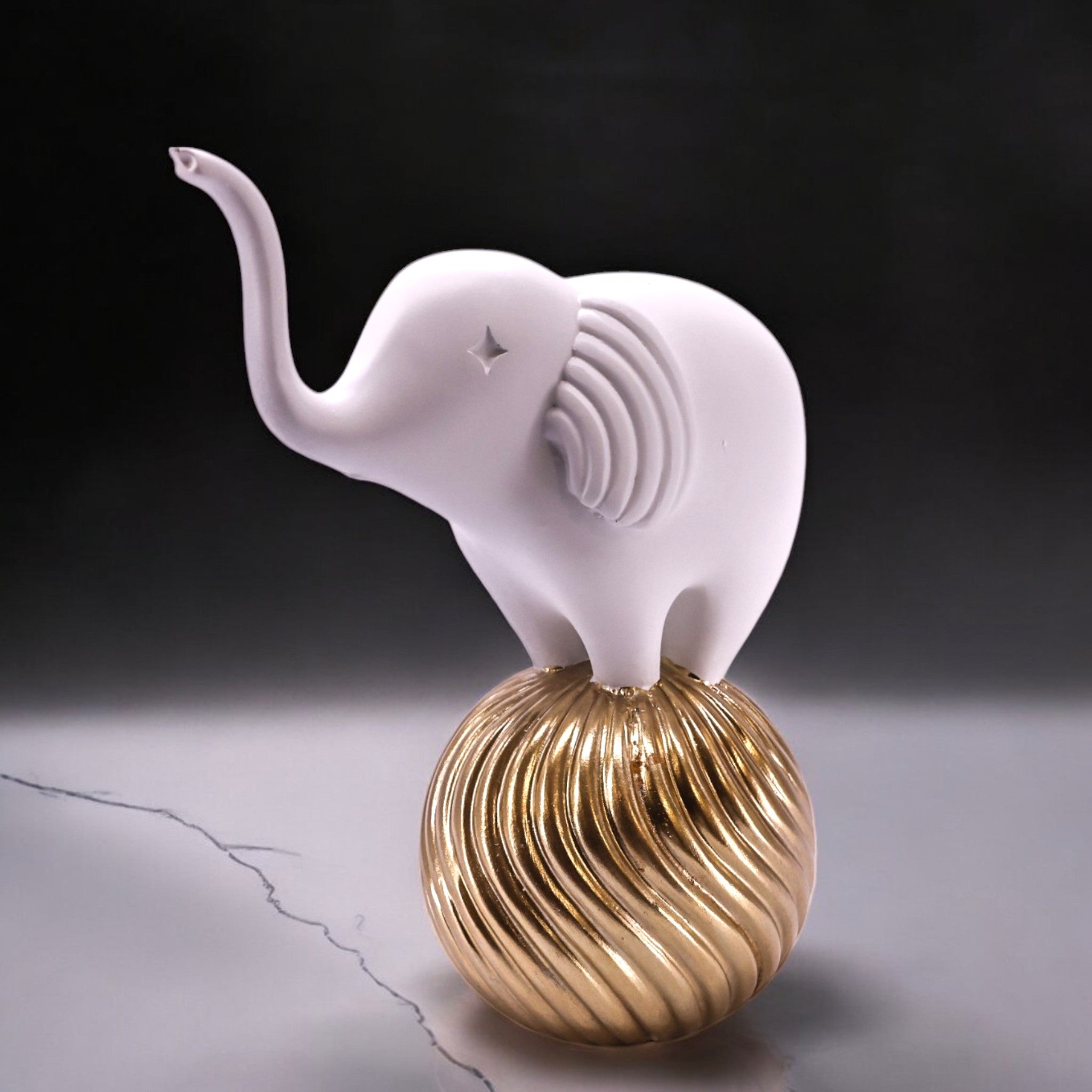 White Elephant on Golden Ball Sculpture | Modern Lucky Decor | Divine Dekor