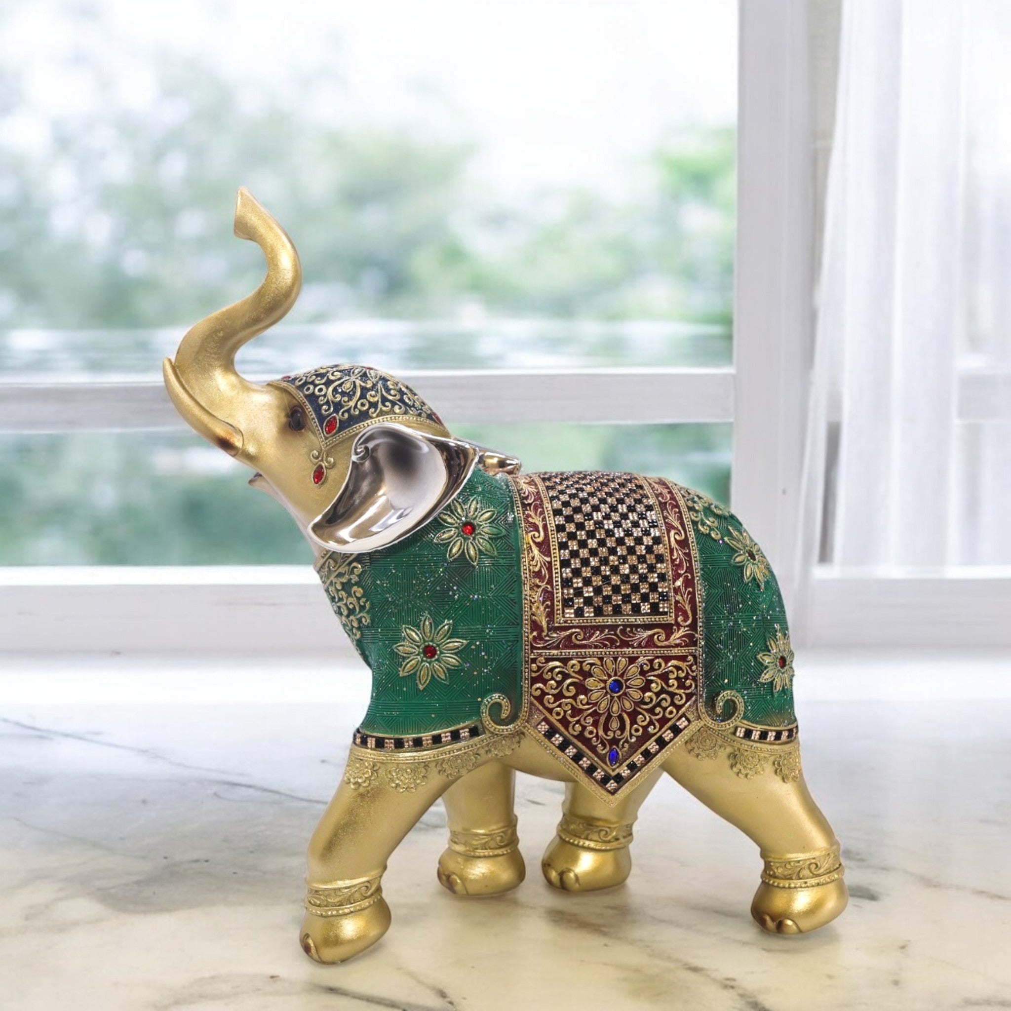 Divine Dekor Royal Elephant Statue - Large Emerald & Gold Prosperity Decor