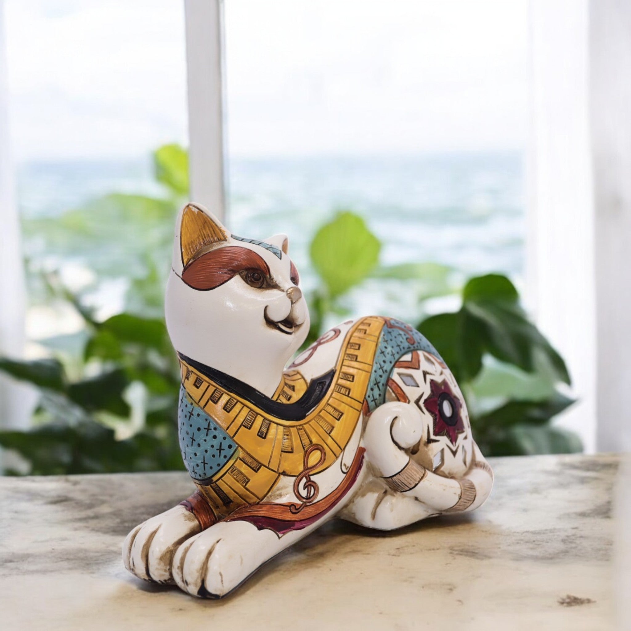 Bohemian Folk Art Cat Figurine | Hand-Painted Resin Sculpture | 20cm Home Decor