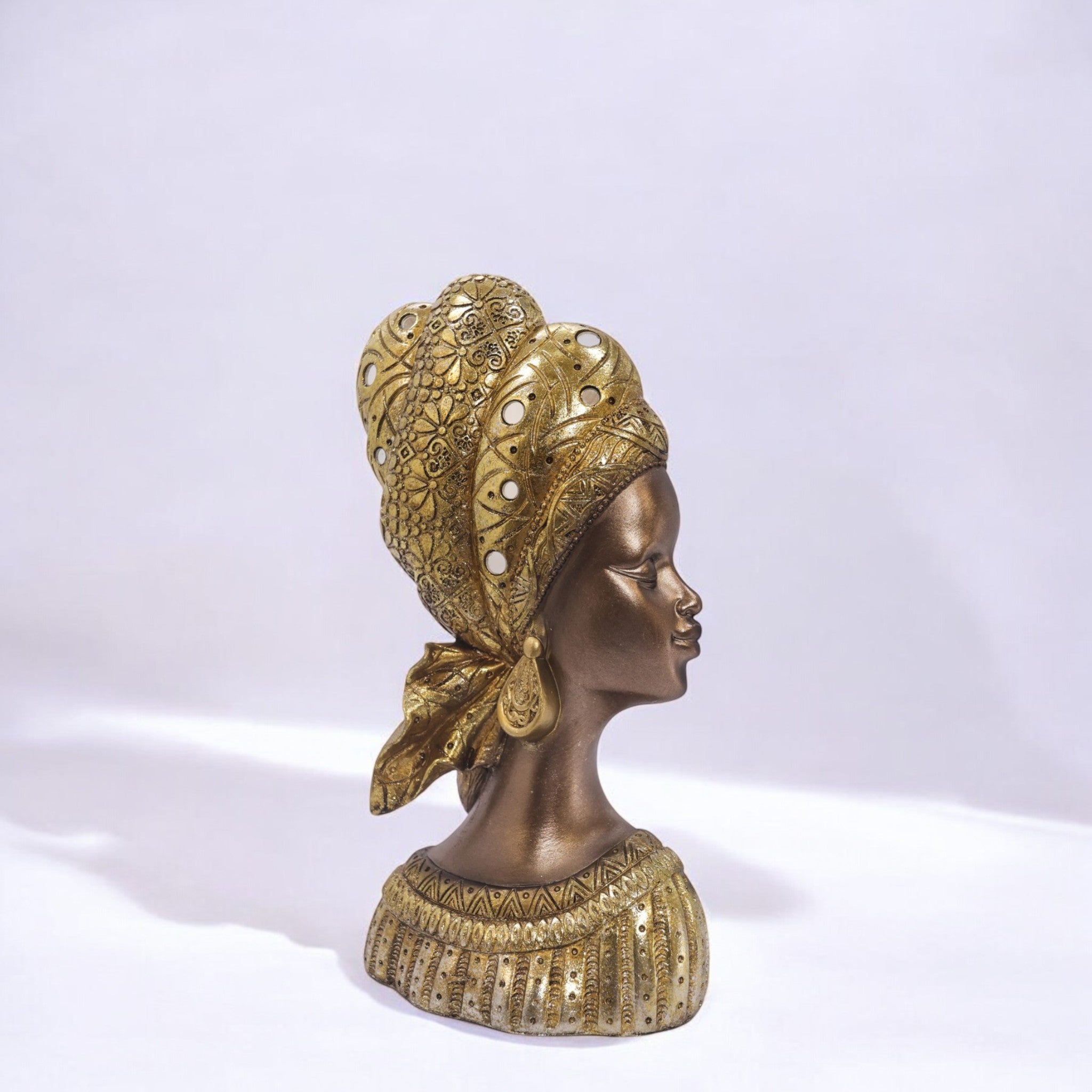 Divine Dekor’s African Queen Bust Sculpture | Golden Headdress Art Statue | 26cm Luxury Cultural Decor