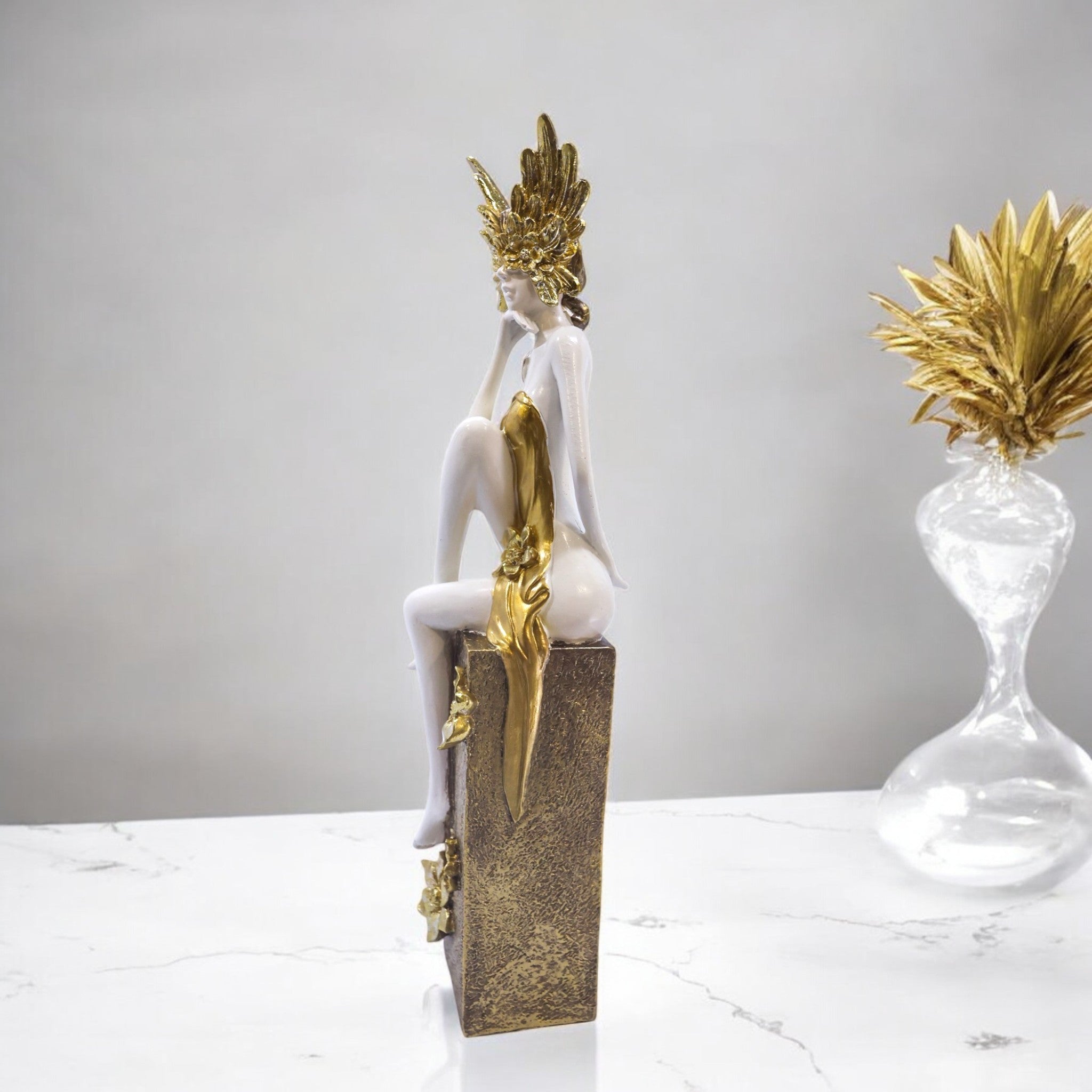 Elegant Lady Sculpture with Golden Base | Modern White Art Statue | 47cm Luxury Home Decor - Divine Dekor